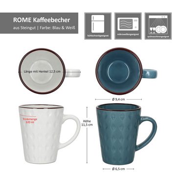 MamboCat Becher 6x Rome blau & weiß Kaffeebecher 320ml 6 Pers Latte Kakao Teetassen, Steingut