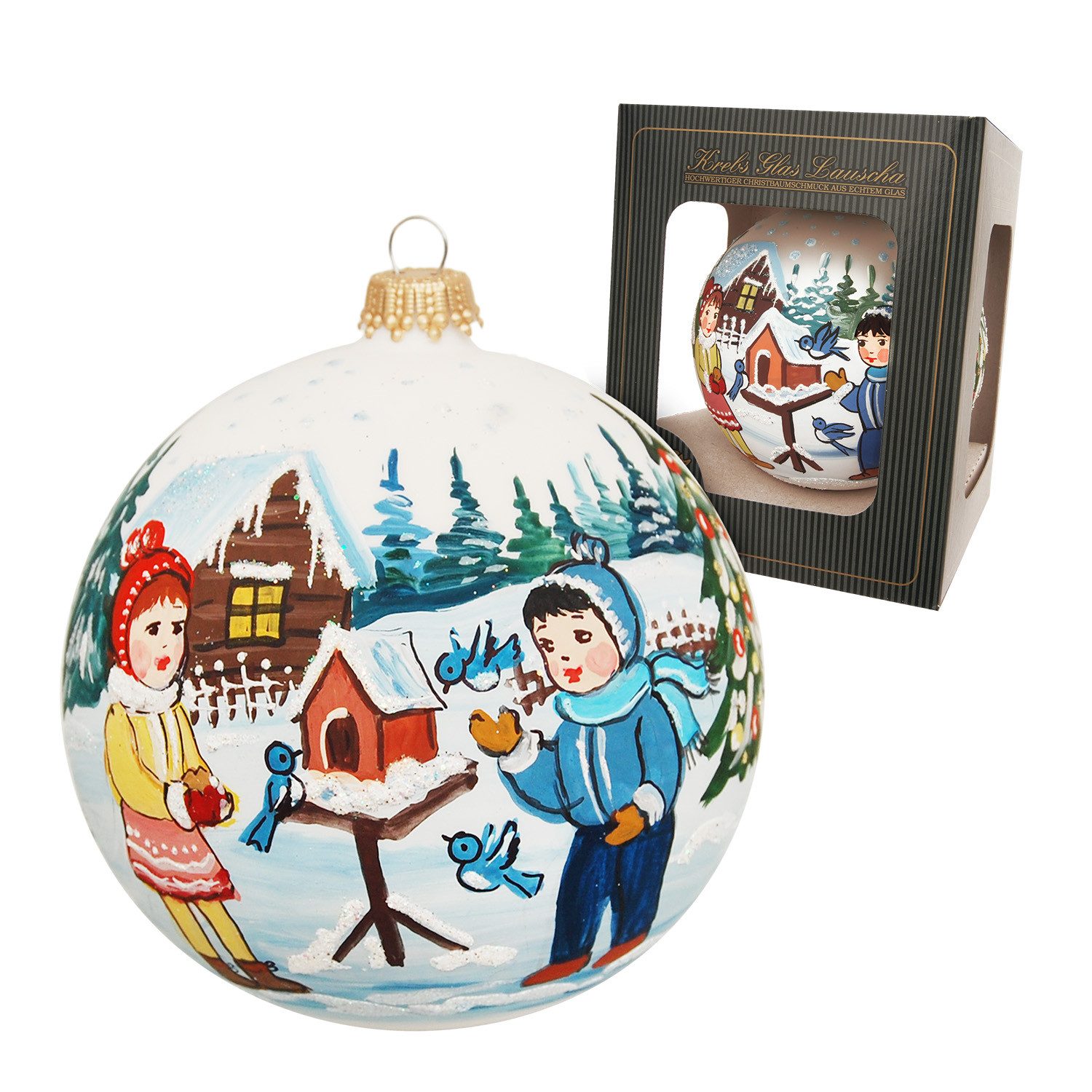 Krebs Glas Lauscha Weihnachtsbaumkugel Weihnachtskugel Kinder mit Vogelhaus Weiß 10cm (1 St), Glas