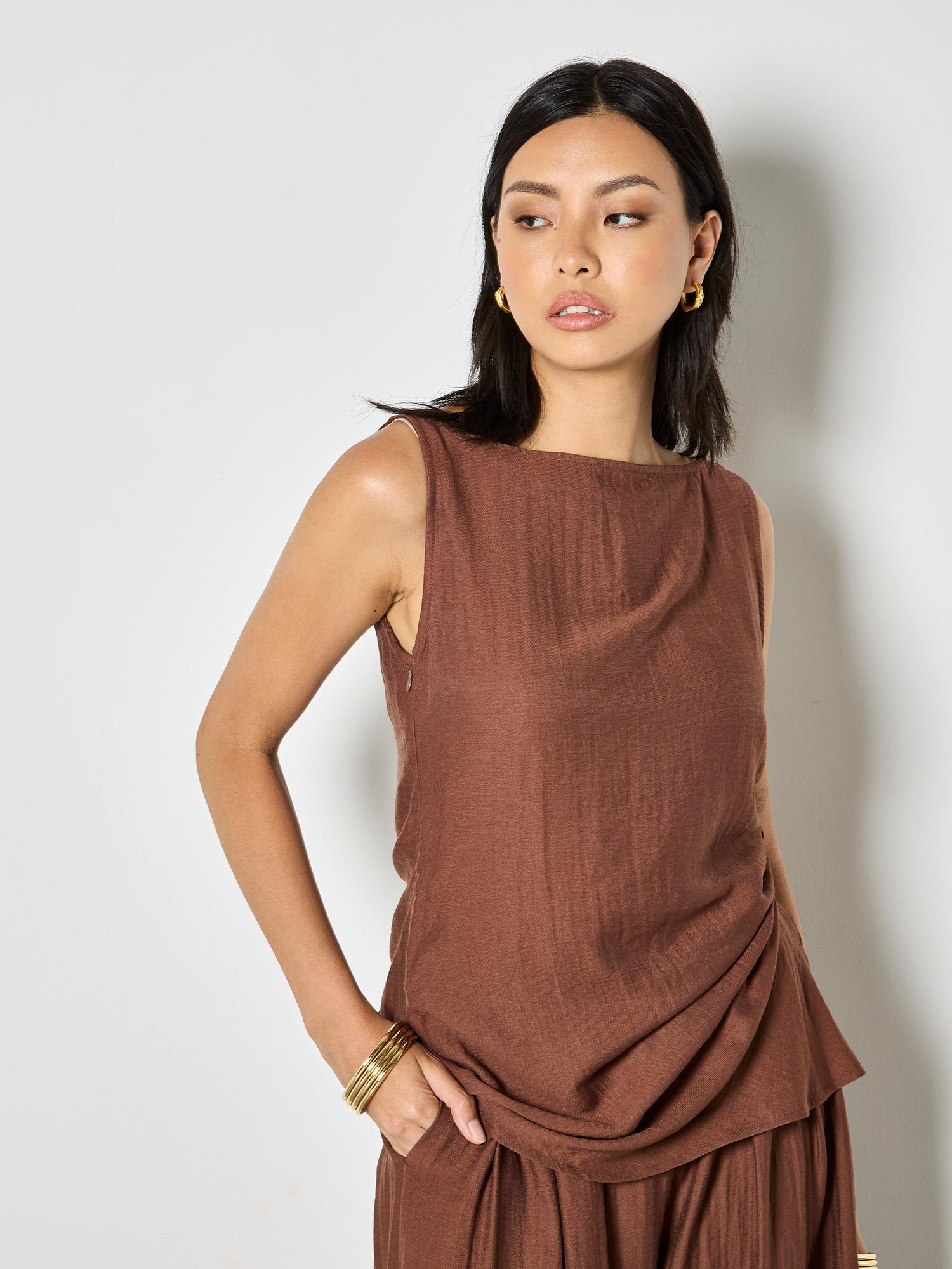 Apricot Stricktop Gewebtes Oberteil mit seitlichem Knoten