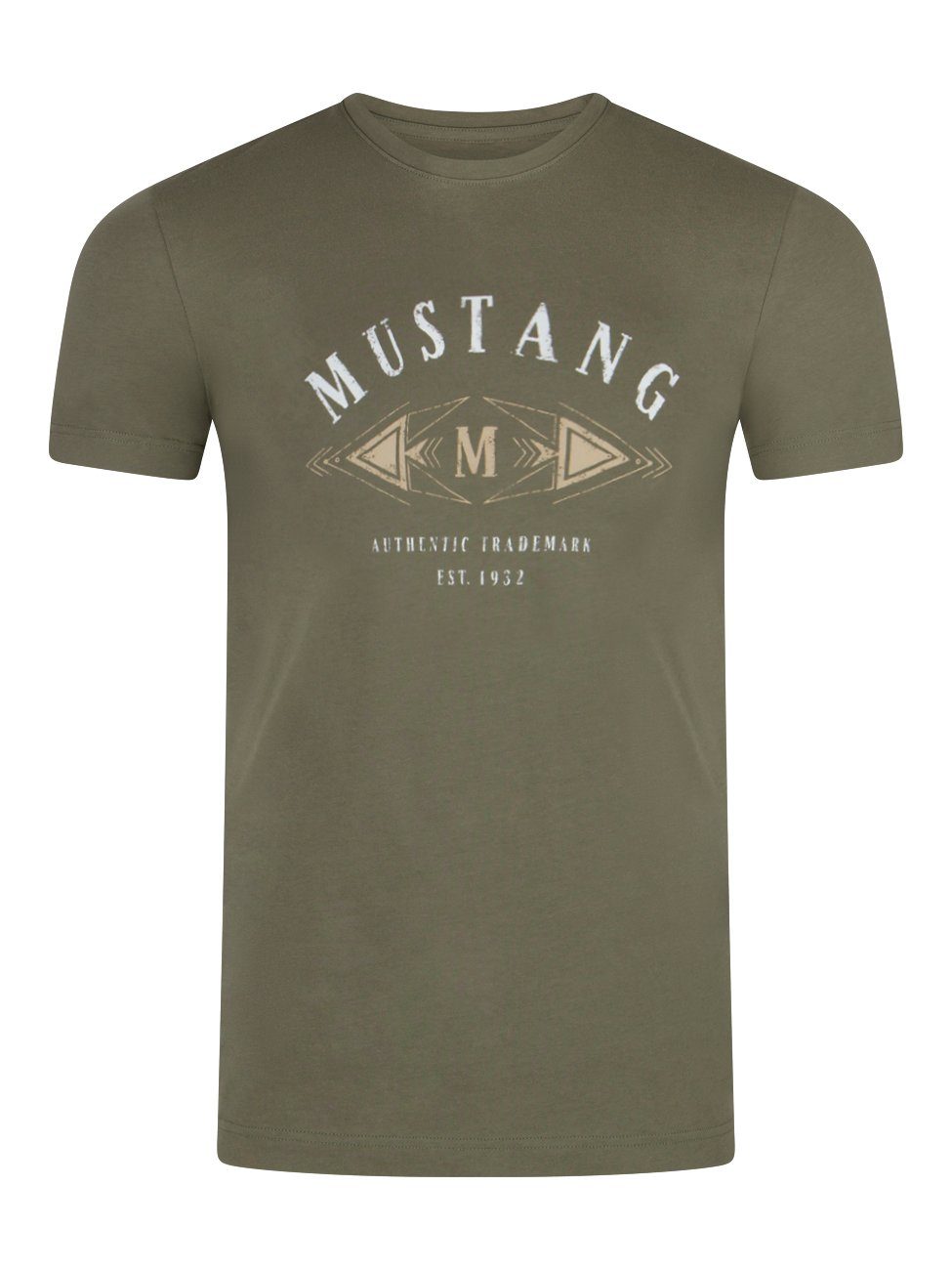 MUSTANG T-Shirt Herren Printshirt Regular Fit (1-tlg) Kurzarm Tee Shirt mit Rundhalsausschnitt aus 100% Baumwolle Dusty Olive (1014005-6357)