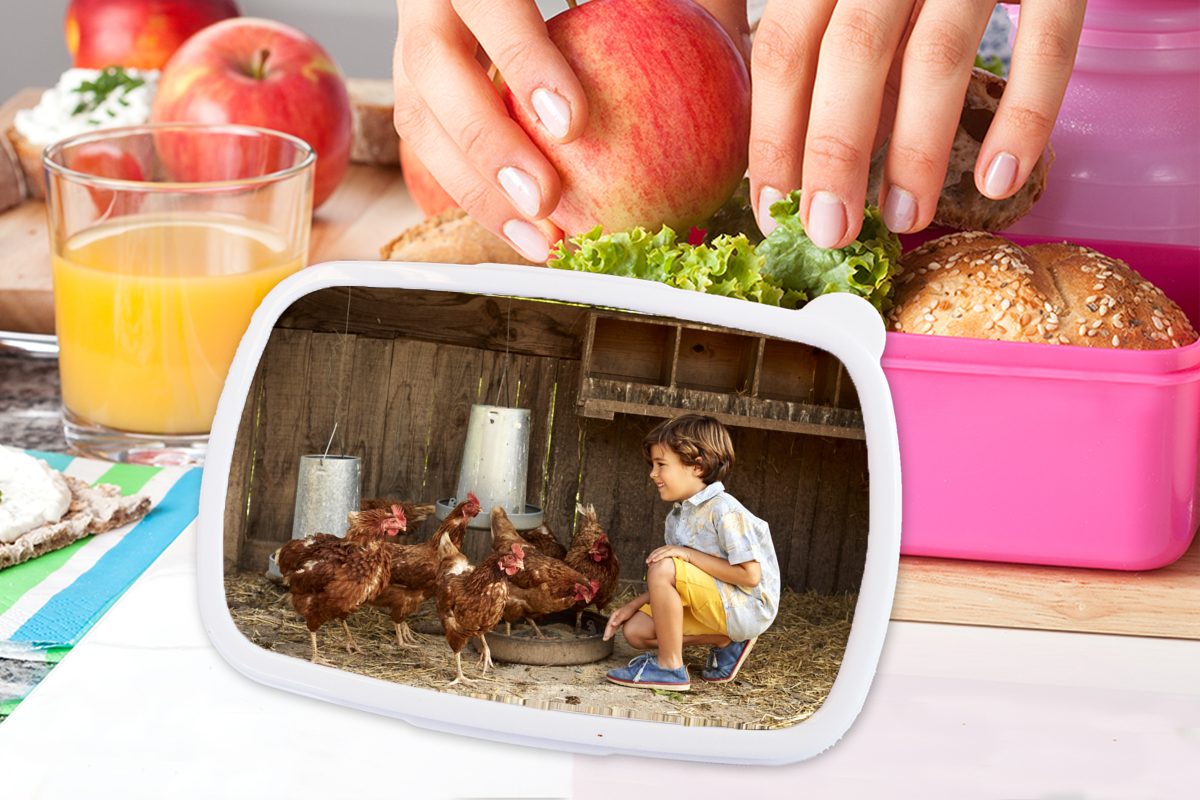 Snackbox, Hühnerstall, - (2-tlg), Kunststoff, Mädchen, Lunchbox - MuchoWow Erwachsene, Hühner Kinder, Junge Brotbox Brotdose Kunststoff für rosa