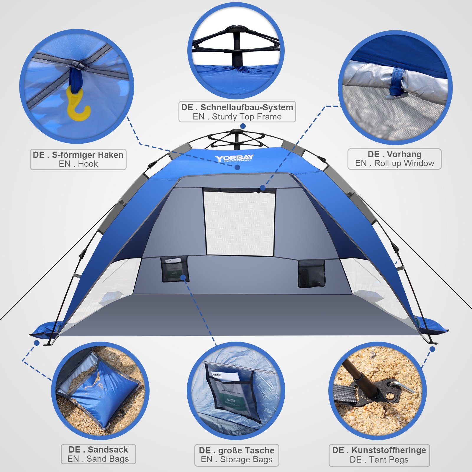 Yorbay Strandmuschel Automatik-Strandzelt Campingzelt mit UV-Schutz 50+ für  2-3 Personen, (mit Heringen, Sandtasche und Tragetasche), schnell aufbauend  für Strand, Garten, Camping, Anglen, Outdoors