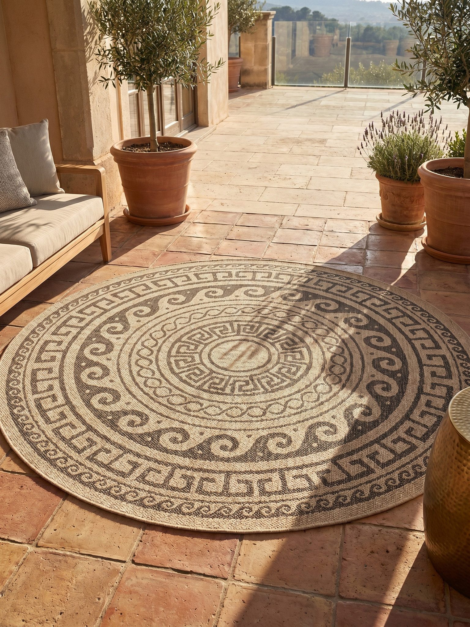 KADIMA DESIGN Outdoorteppich KAUNS Wetterfest UV-Beständig Balkon Waschbar Vintage, Rund, Höhe: 3 mm, Schwarz, 80x80 cm, Strapazierfähig Balkonteppich Waschbar