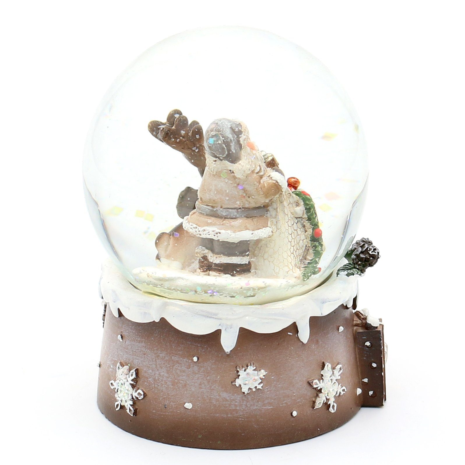 aufwendig verziertem auf Elch Sockel, mit St) Schneekugel (1 Dekohelden24 Weihnachtsmann Schneekugel