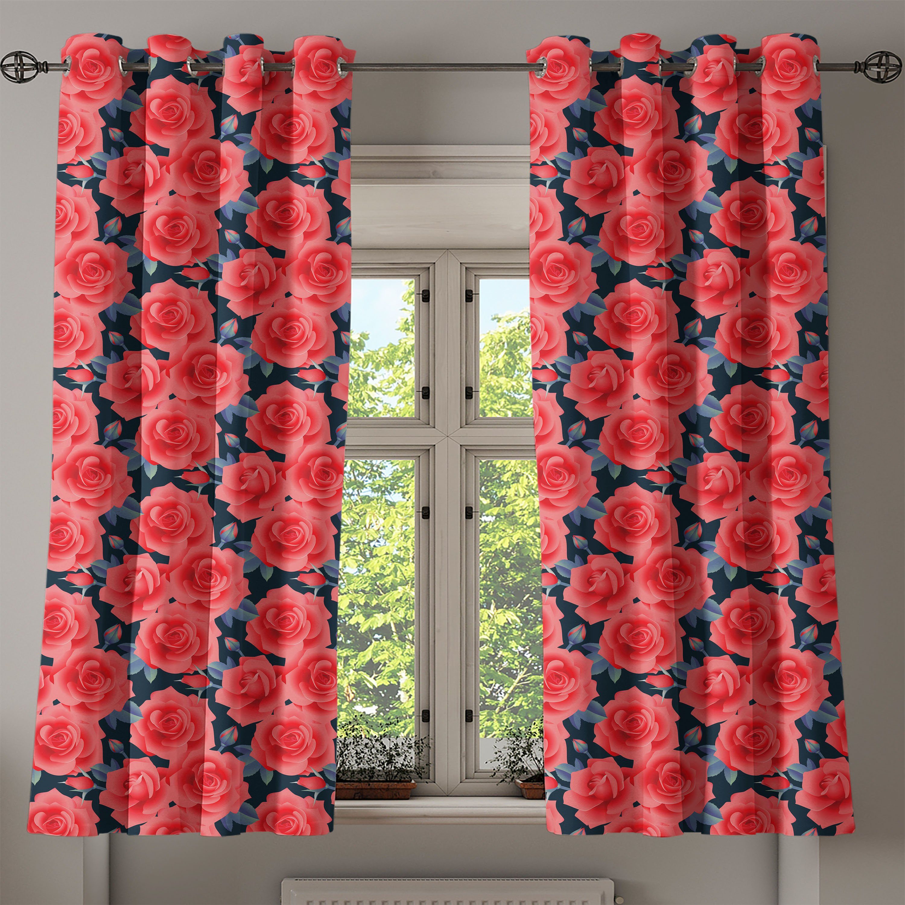 Gardine für Blumen Wohnzimmer, Abakuhaus, Romantische Dekorative Blüten-Knospen Schlafzimmer 2-Panel-Fenstervorhänge