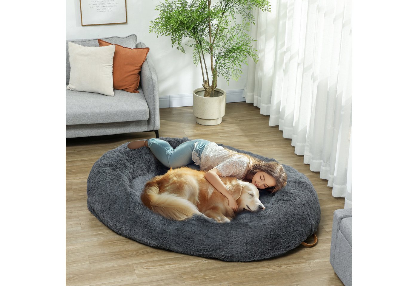 Thumbnail - PawHut Hundematte Katzenbett mit waschbare Bezüge, Haltegriff, Plüsch, für Hunde und Menschen, Rutschfest, Plüsch, Dunke...