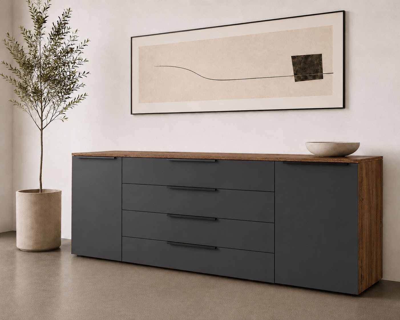 borchardt Möbel Sideboard Tom, moderne Kommode mit Metallgriffen, 200cm breit, 2 Türen, 3 Schubfächer, Metallgriffe anthrazit