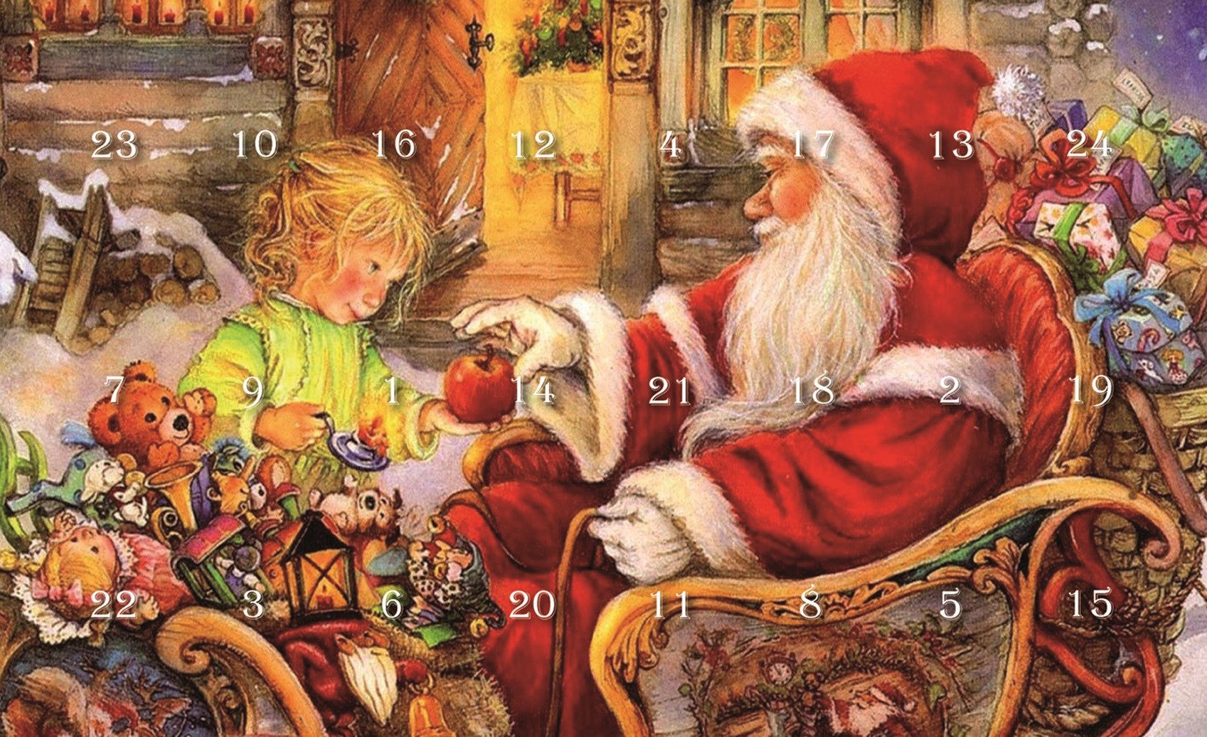 Krebs Glas Lauscha Adventskalender Weihnachtsmann mit Kind - 24 Glasanhänger - ca. 3 cm, Jeden Tag ein neues Schmuckstück für den Weihnachtsbaum