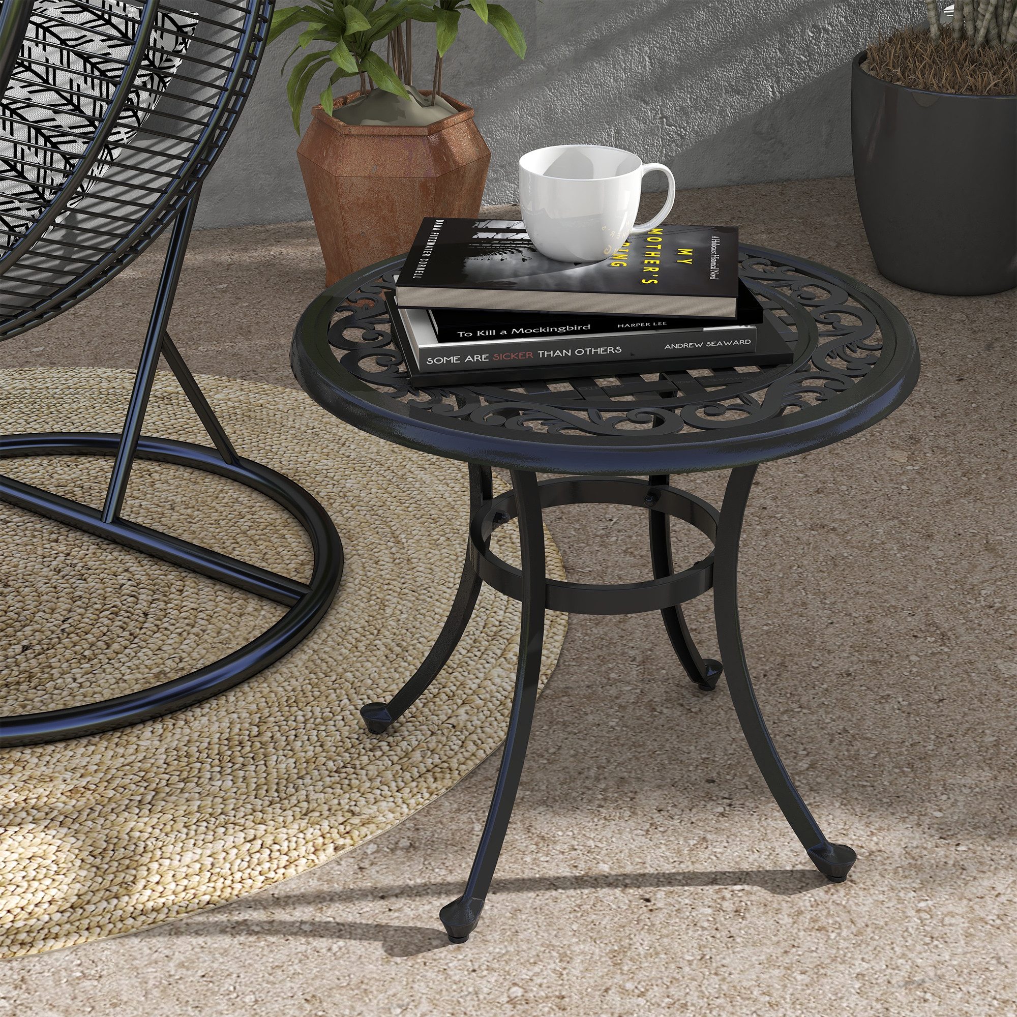 Outsunny Gartentisch Beistelltisch, Terrassentisch mit Aluminiumrahmen, bis 50 kg Belastbar (Balkontisch, 1-St., Couchtisch), für Garten, Balkon, Schwarz, 60 x 60 x 53 cm