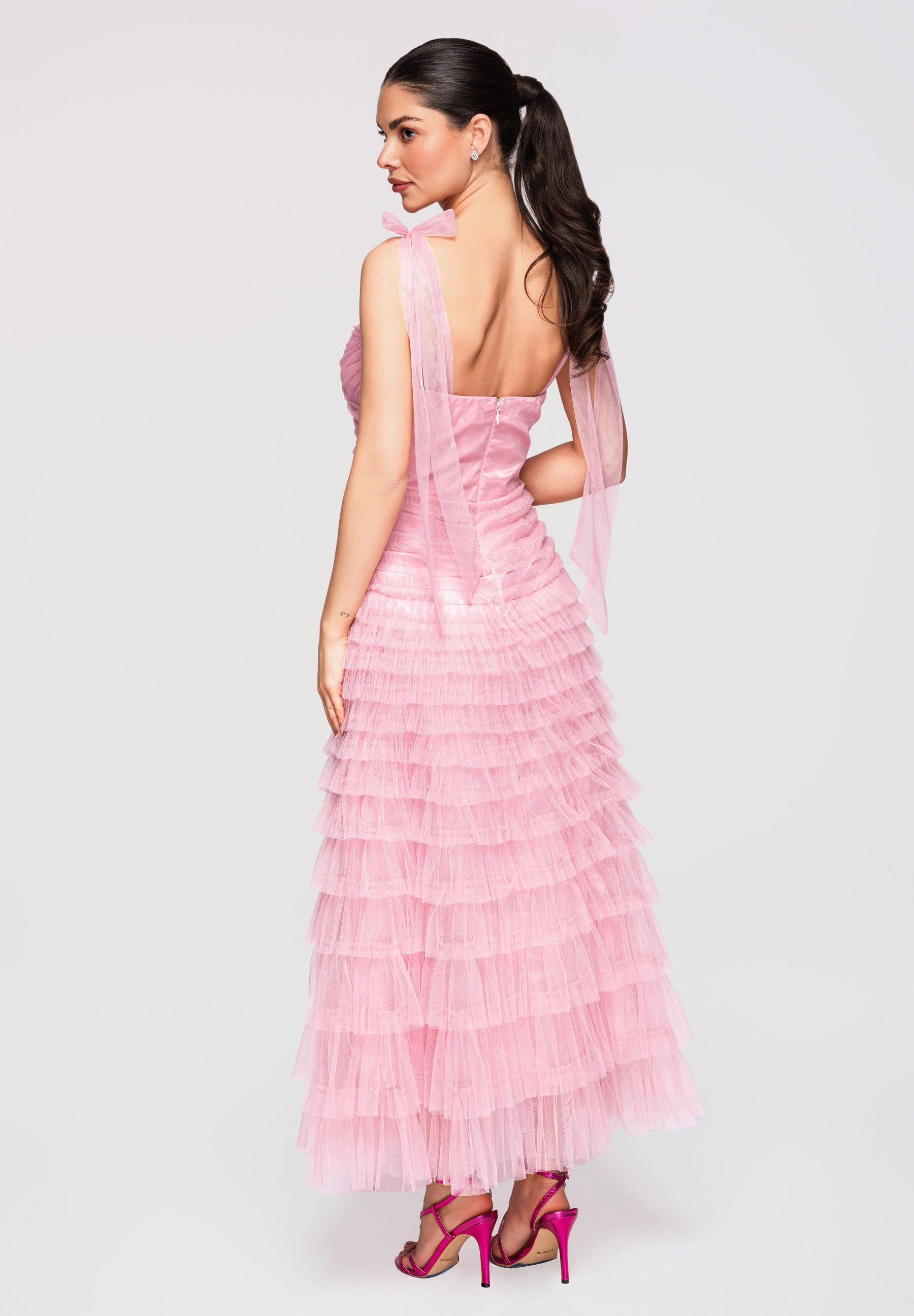 OMBRE Abendkleid Maxikleid Abendkleid Tüll mit Spitze Rose M (kein Set, 1-tlg) Mehrlagiger Rockteil mit Rüschen