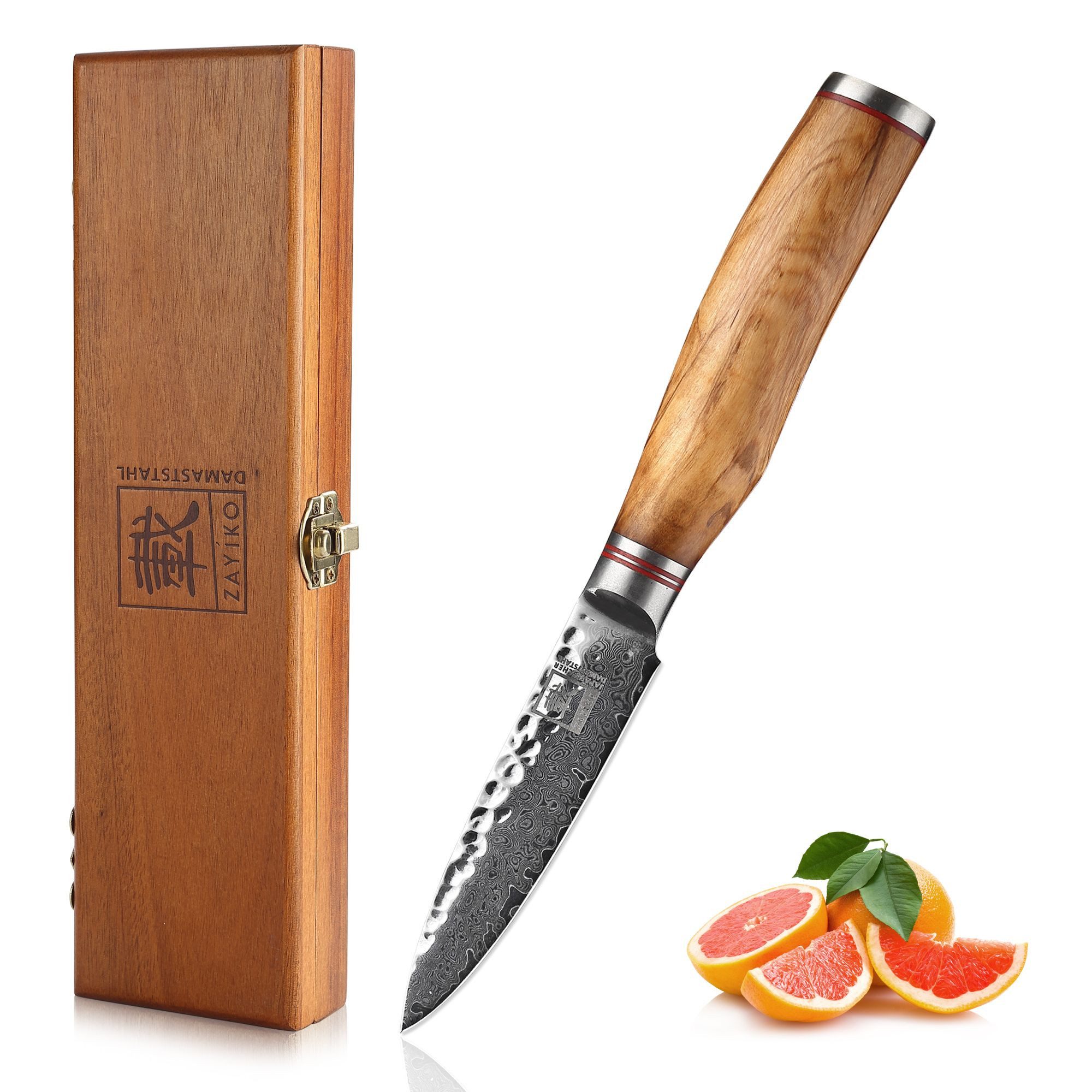 ZAYIKO Obstmesser Minami Damast Officemesser Küchenmesser 9 cm Klinge Olivenholzgriff, Damaststahl, VG10-Kern, Hammerschlag