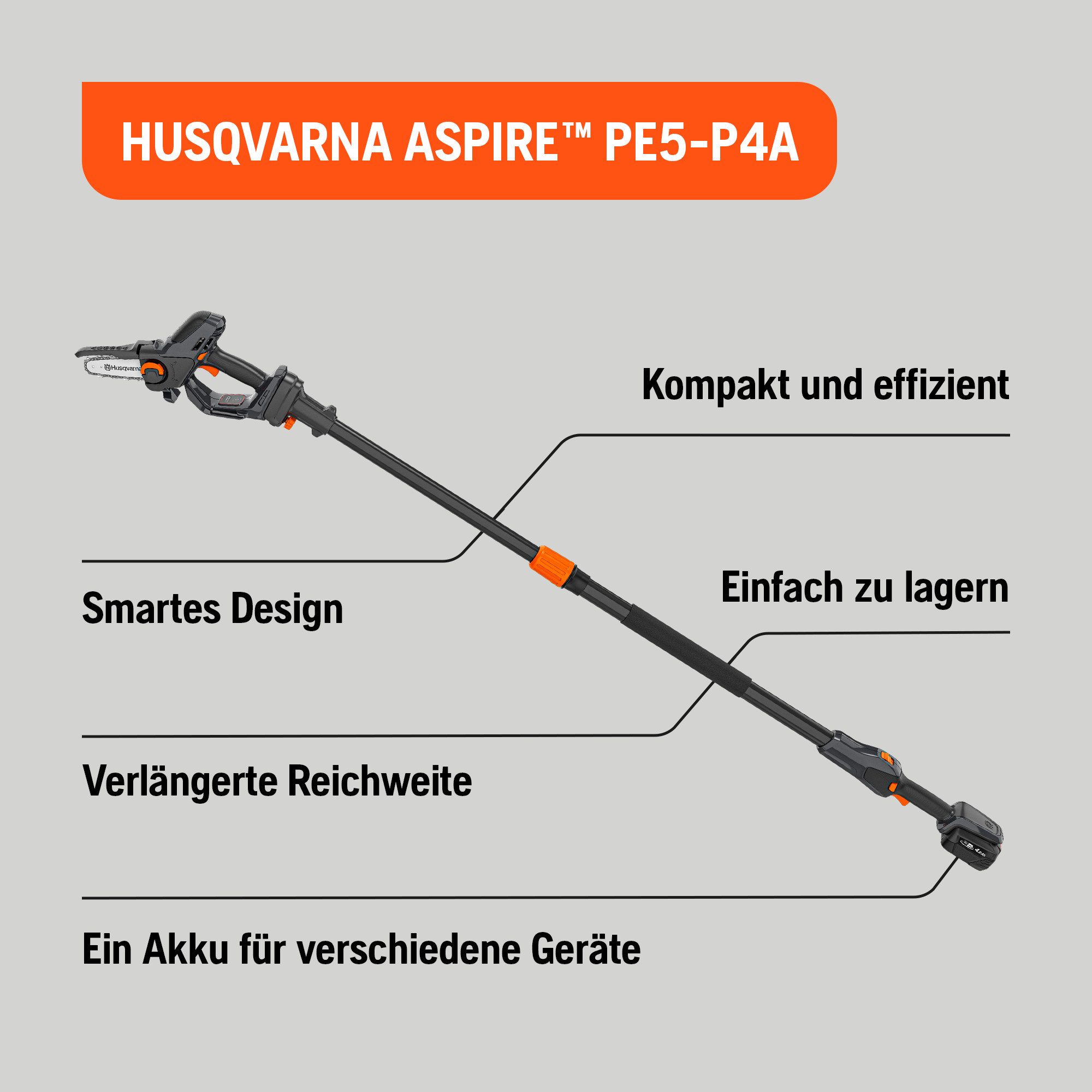 Husqvarna Akku-Kettensäge Aspire P5-P4A, 12 cm Schwertlänge, klein, kompakt, Astsäge für Äste bis 75 mm
