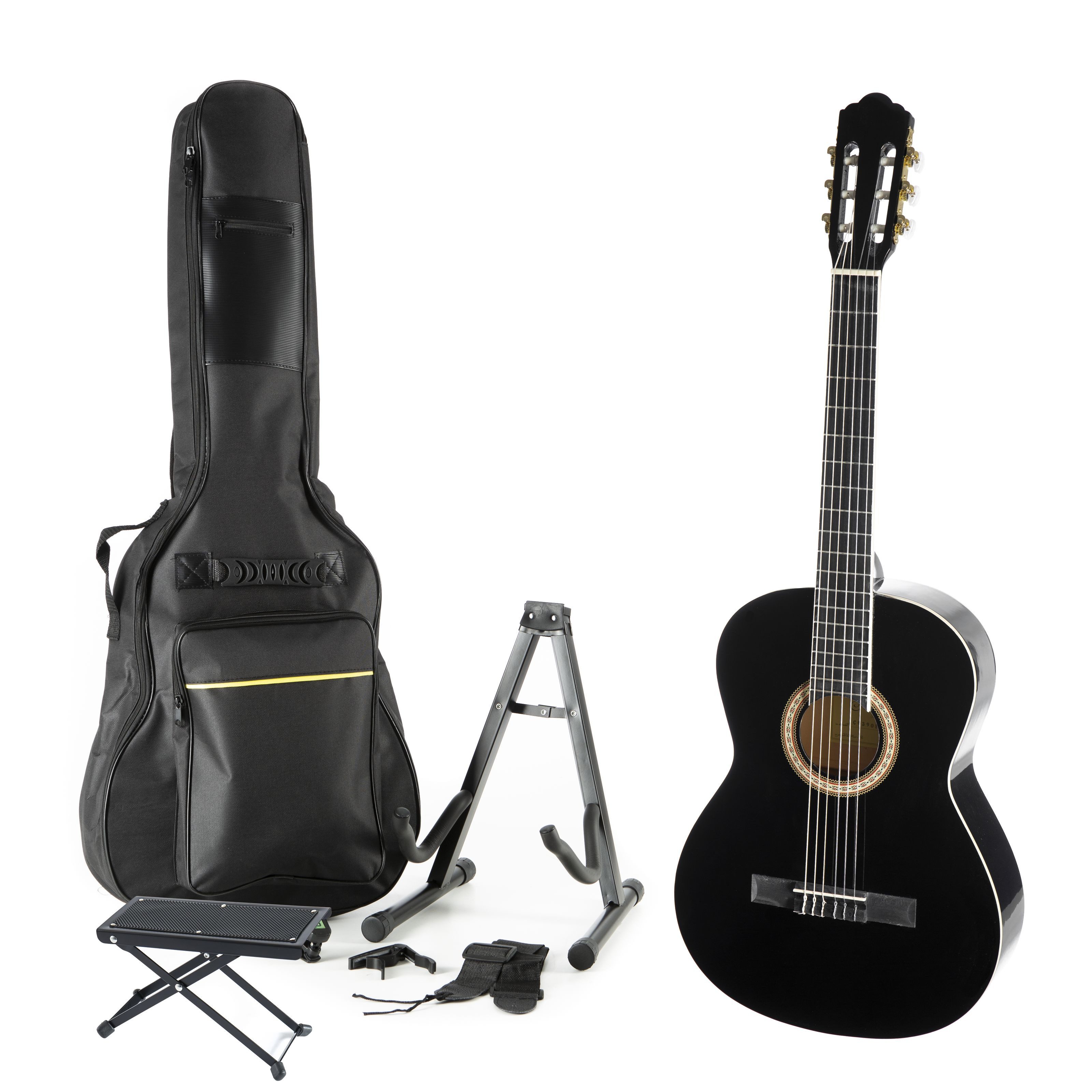 Almeria Konzertgitarre, 4/4 Konzertgitarren Set Schwarz Hochglänzende Linde-Decke Klassische Verstrebung Selected Hardwood Hals Inklusive Zubehör Pack und Fußbank, Konzertgitarren, Konzertgitarren-Sets, 4/4 Konzertgitarren Set, Hochglänzende Linde-Decke, Klassische