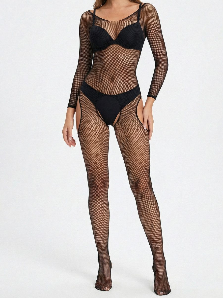 Elegant Love Bodystocking-Ouvert Netz-Strumpfbody mit offenem Schritt – figurbetontes Catsuit-Dessous Stilvolle Reizwäsche – Netz-Body, schulterfreier Ausschnitt, S–XL
