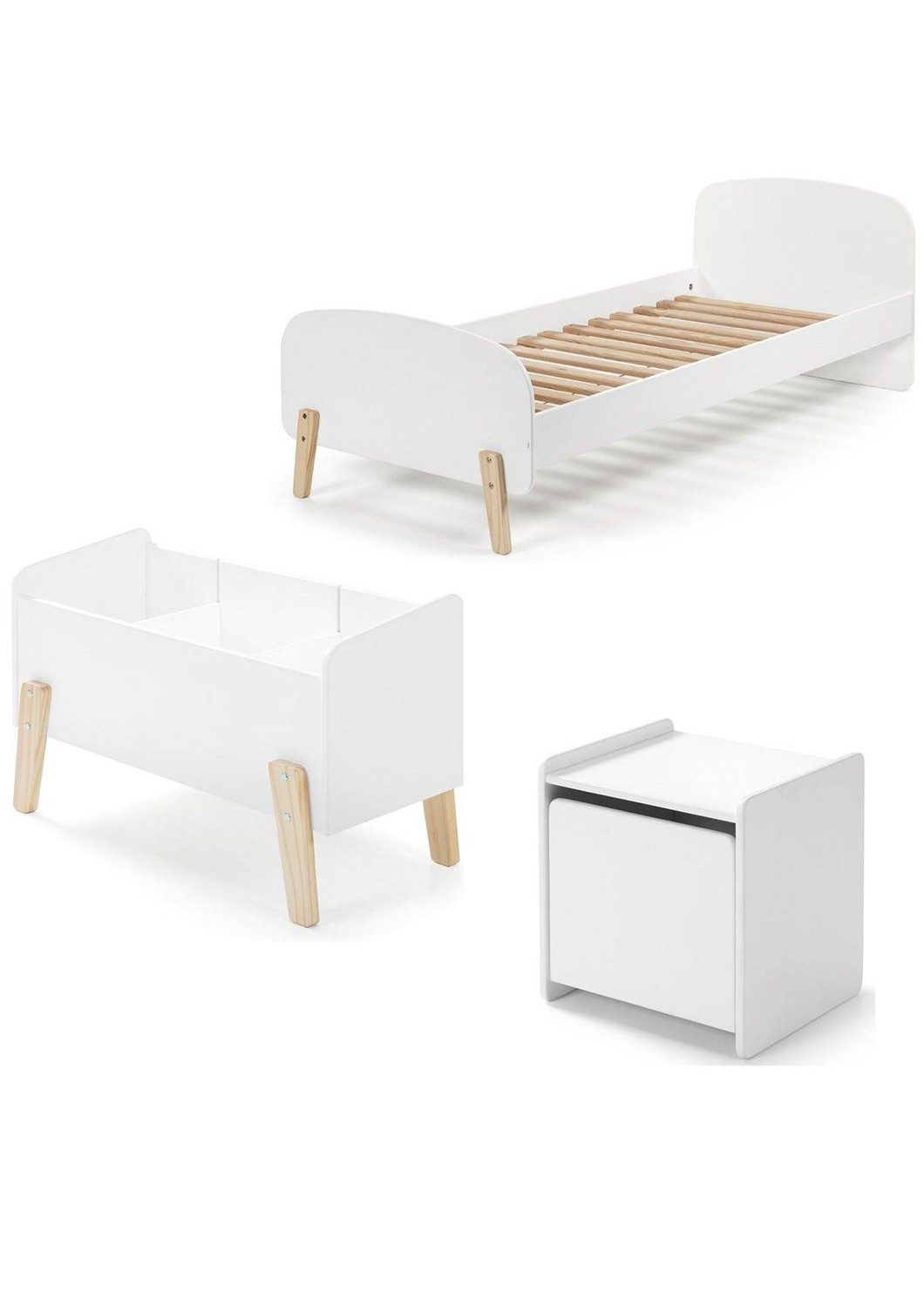 Bett Set aus Eizelbett, Lattenrost, Nachtkonsole und Spielkiste in Weiß