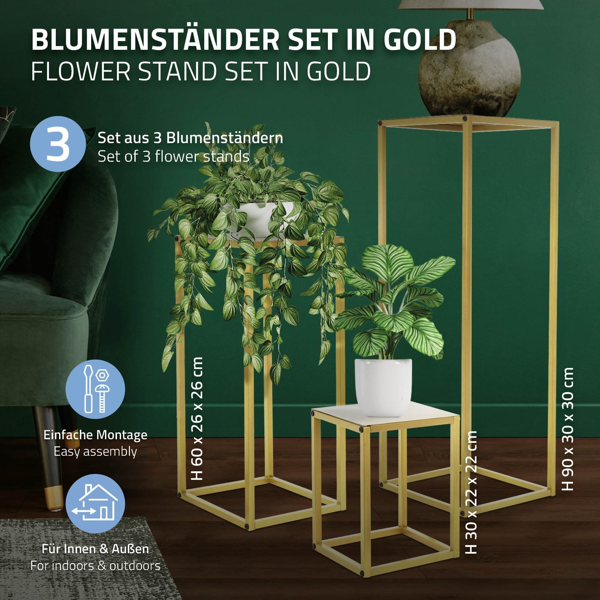 3er Blumensäule Gold Deko Blumenhocker Set 22x22x30/26x26x60/30x30x90cm Säulentisch (3er Blumenständer Set), ML-DESIGN Pflanzenständer Metall