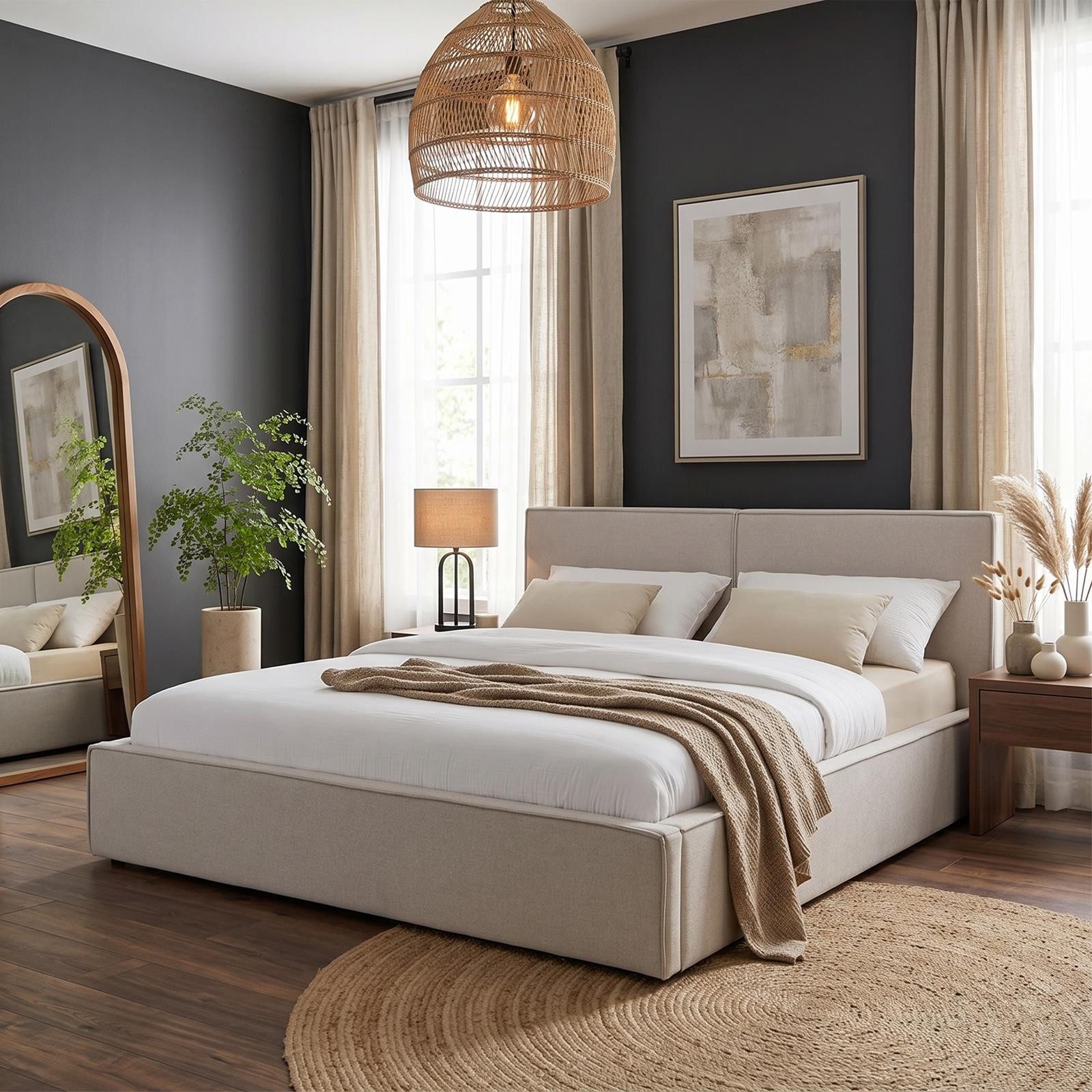 IDIMEX Polsterbett CALM, Doppelbett 180x200 cm in Leinenoptik inkl Lattenrost und Kopfteil grau