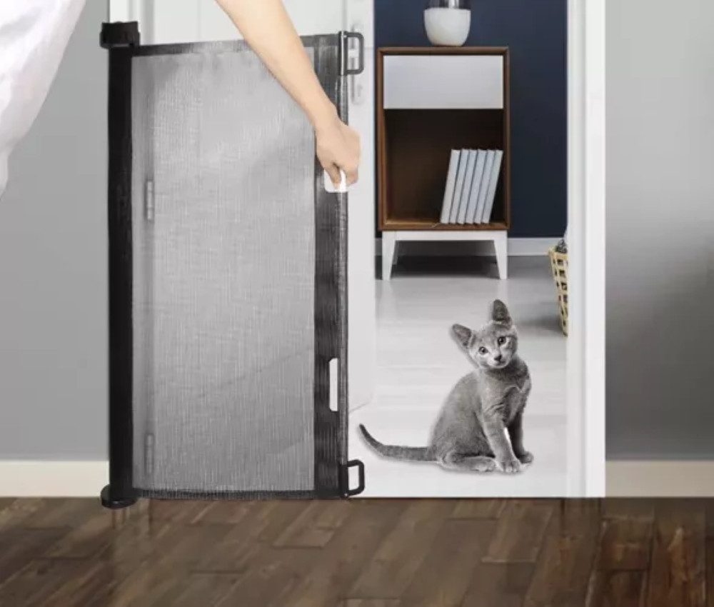 Ruhhy Treppenschutzgitter ROLLOSAFE - Ausziehbares Sicherheitstor für Tiere bis 160 cm. (Treppenschutzrolltor-Set, Sicherheitsrolltor-Set mit Tor, Montagehaken und Befestigungsmaterial), Ausziehbares Rolltor für einfache Sicherung in jedem Zuhause.