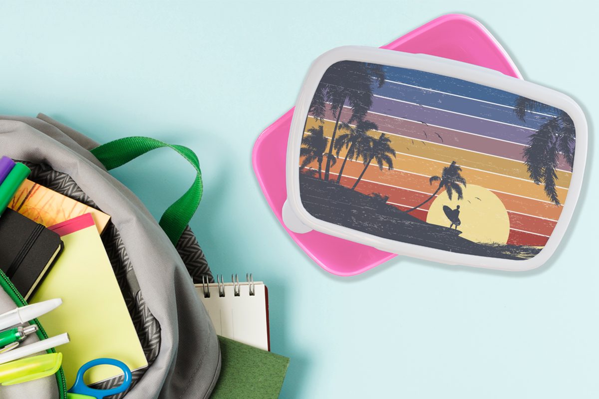 Kinder, Snackbox, (2-tlg), rosa Illustration eines bei Lunchbox Brotdose für Kunststoff, Kunststoff Brotbox Erwachsene, Mädchen, Sonnenuntergang, MuchoWow Surfers