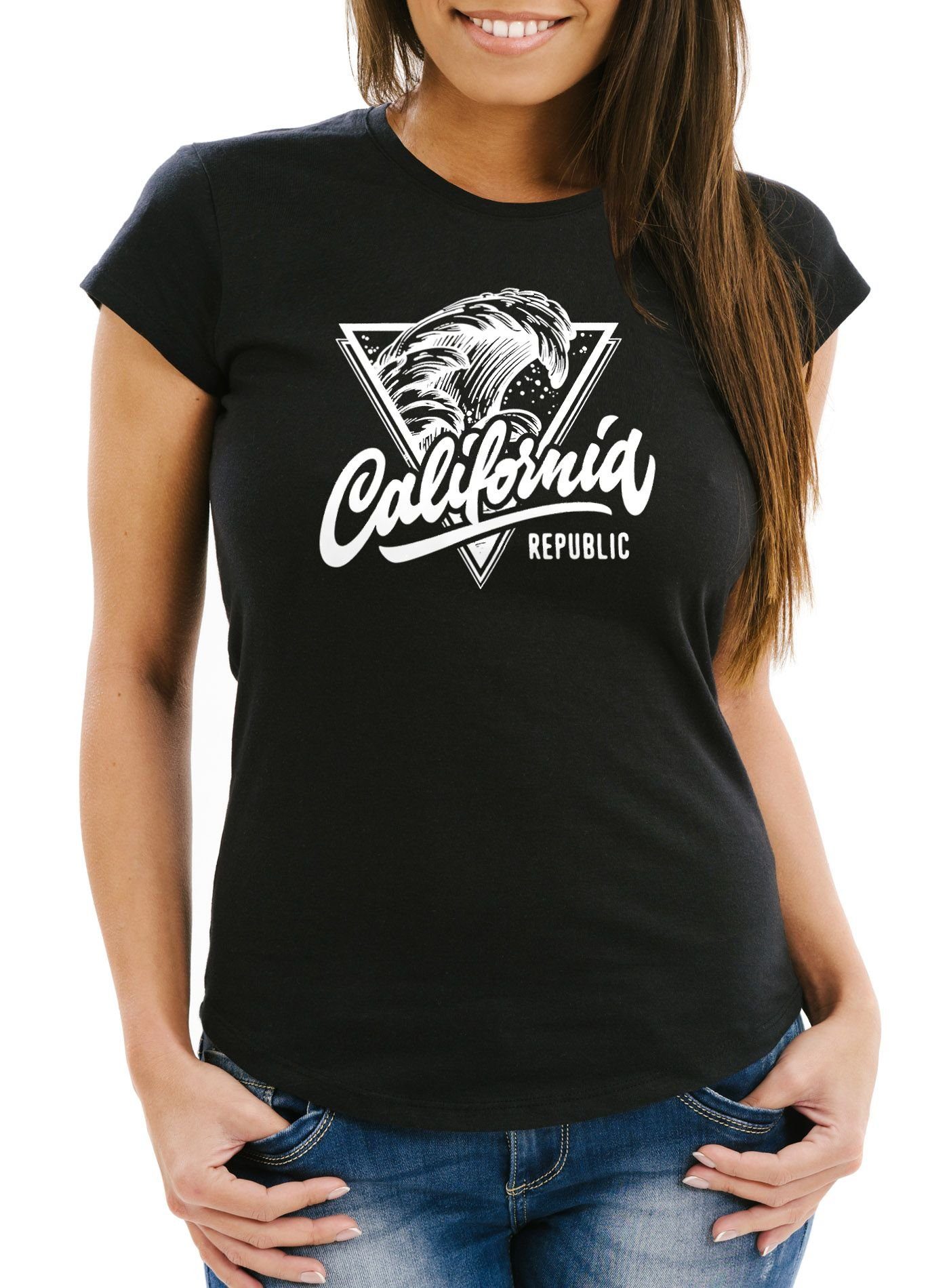 Neverless Print-Shirt California Republic Damen T-Shirt Mega Welle Druck Wave Surf Slim Fit Neverless® mit Print
