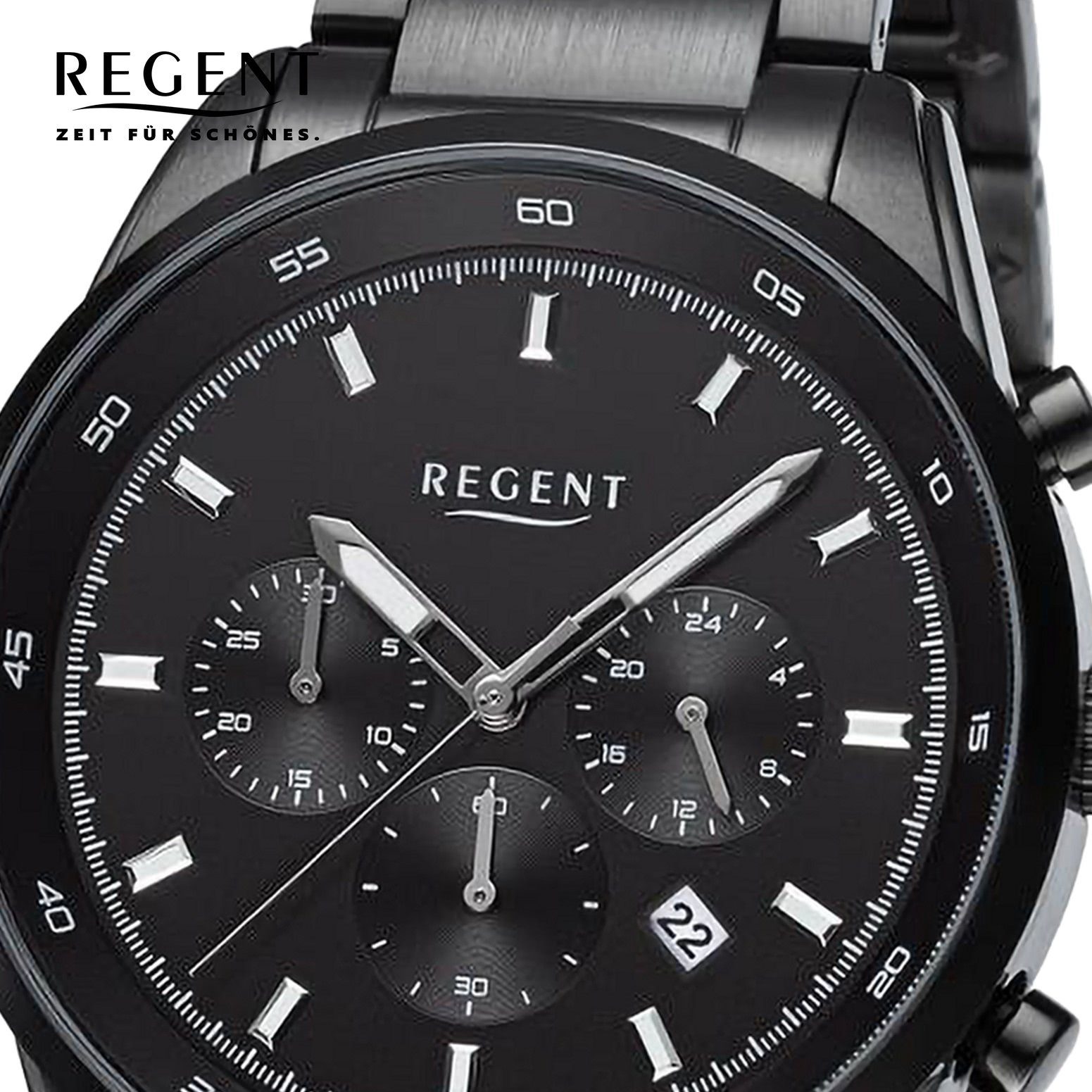 Regent Quarzuhr Regent Herren extra (ca. Herren 44mm), Metallarmband, Analog, groß Armbanduhr Datum Armbanduhr rund