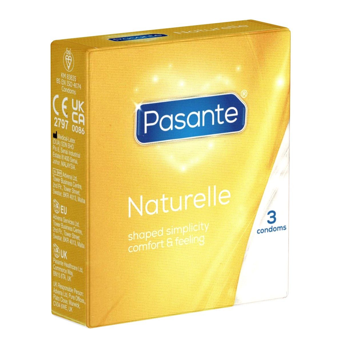Pasante Kondome Naturelle (Natural Fit) anatomisch geformte Kondome Packung mit, 3 St., Kondome mit bequemer Passform und 66mm-Kopfteil