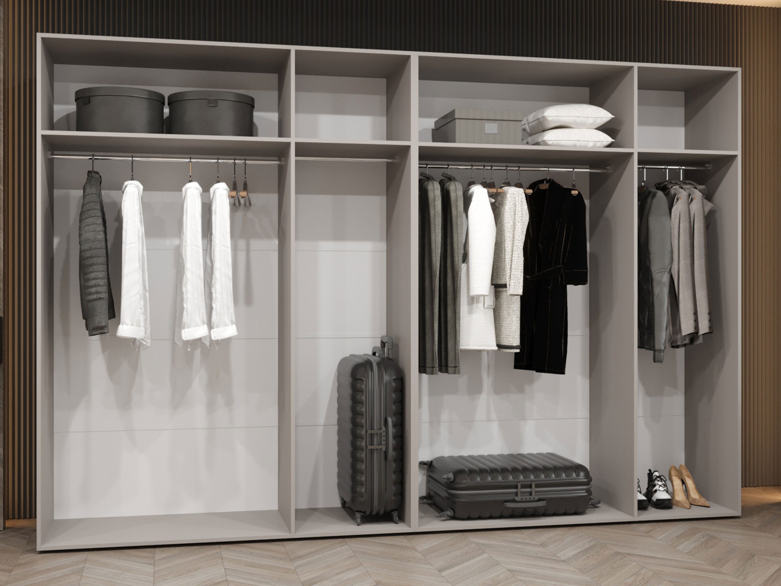 MIRJAN24 Kleiderschrank Malaga 300 (mit sechs Drehtüren) Kleiderstange, gedämpftem Schließsystem