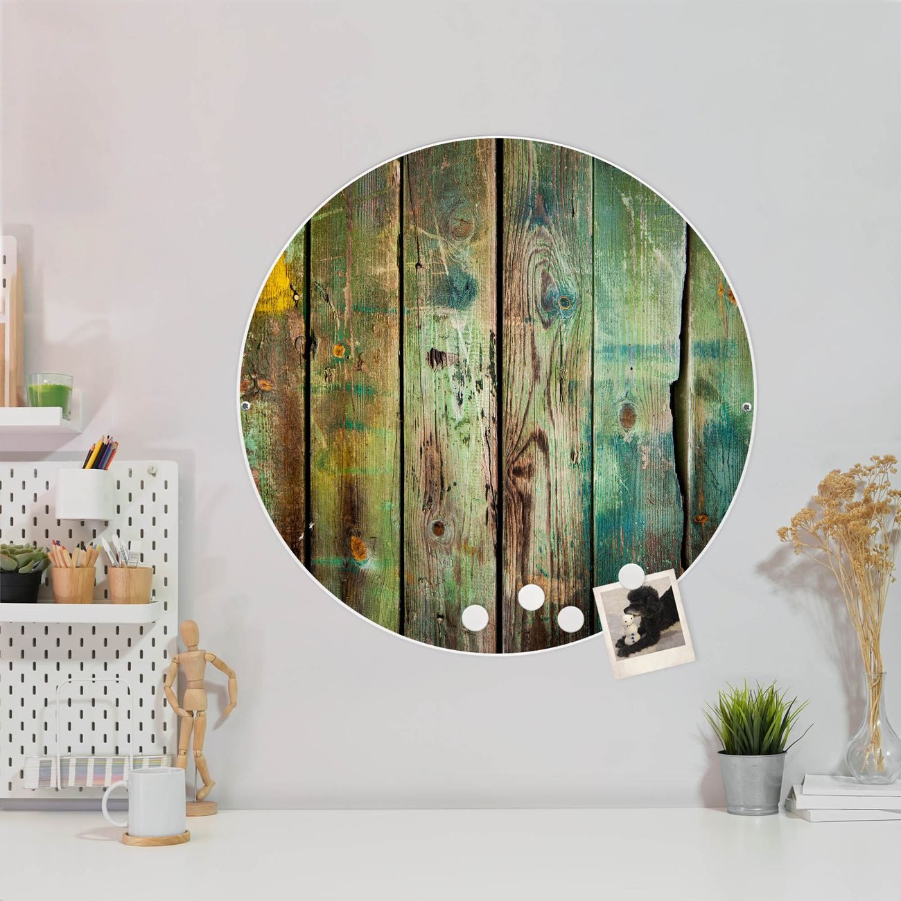 banjado Magnettafel Stahl Rund Grünes Holz, (inkl. 4 Magnete, Runde Stahlmagnettafel)