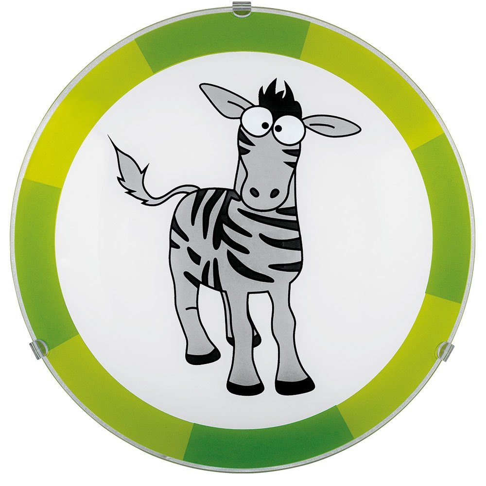 EGLO Deckenleuchte, Leuchtmittel nicht inklusive, Kinderlampe Deckenleuchte Wandlampe Glas grün weiß Zebra Motiv D 25 cm