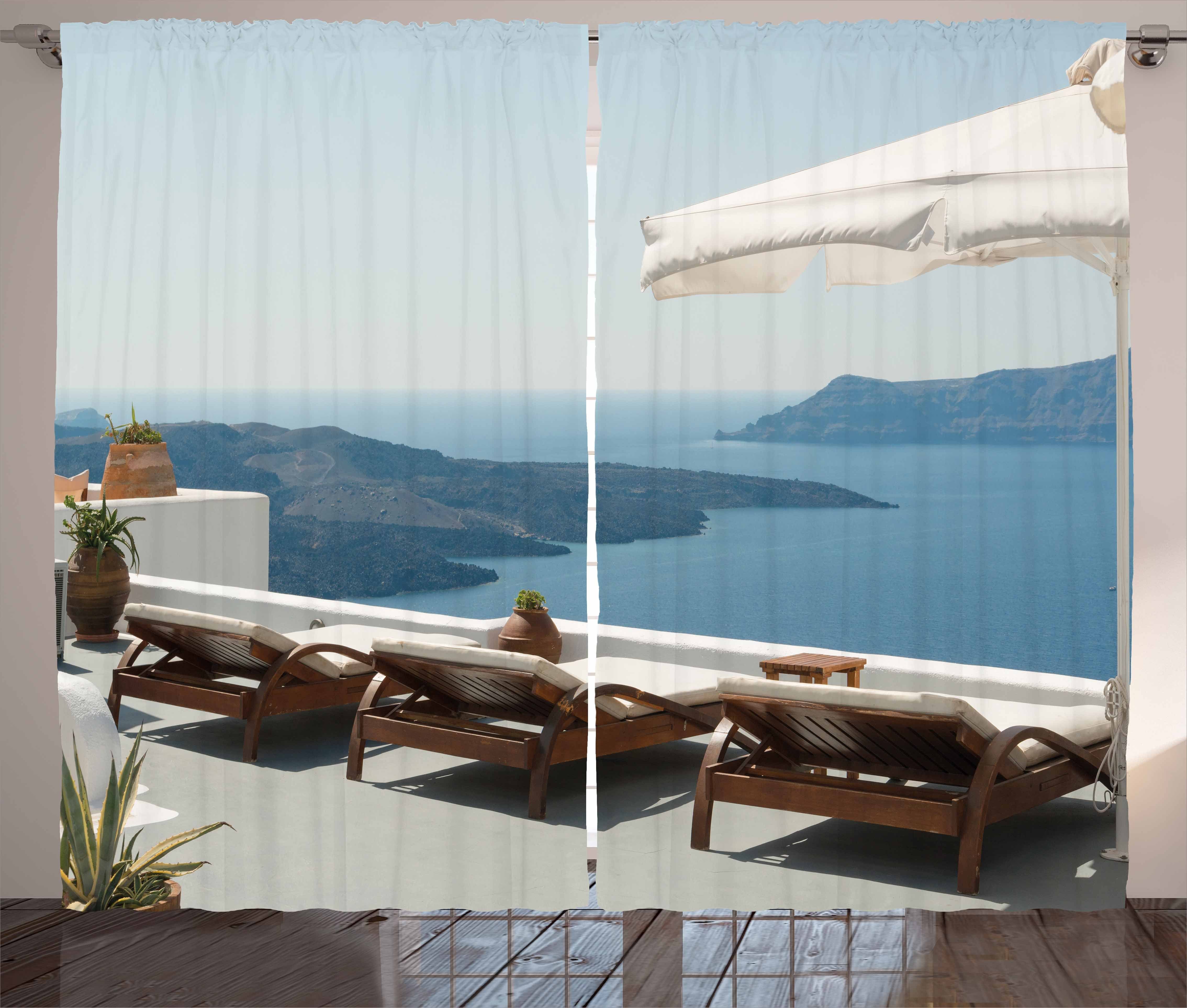 Gardine Schlafzimmer Kräuselband Vorhang mit Schlaufen und Haken, Abakuhaus, griechisch Blick auf die Caldera Santorini
