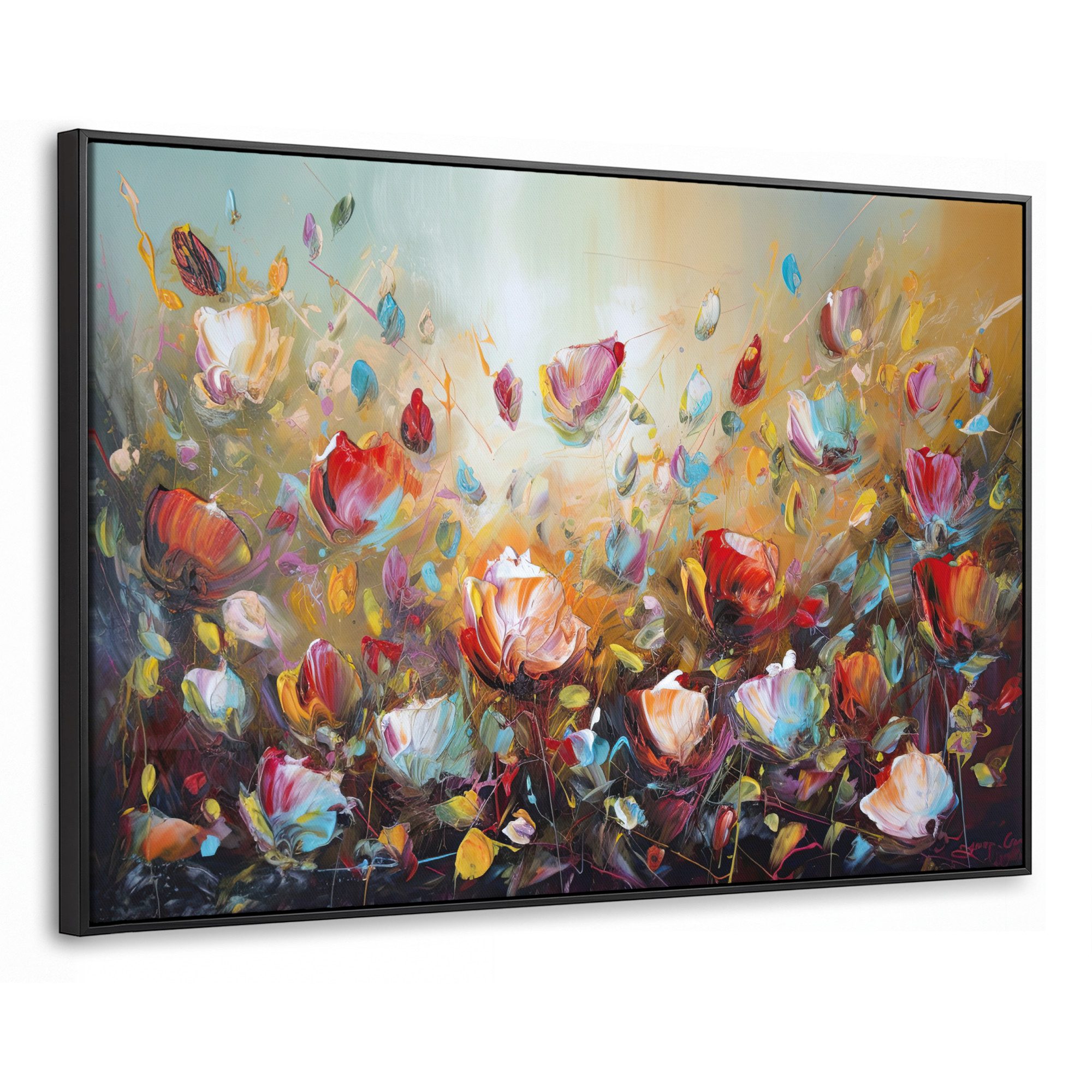 OneMillionCanvasses® Leinwandbild mit Rahmen - Blumen - Kunst - Natur - Ölfarbenoptik, Fotodruck (1 St), Wandbild für alle Wohnbereiche, XXL, großes 120x80cm