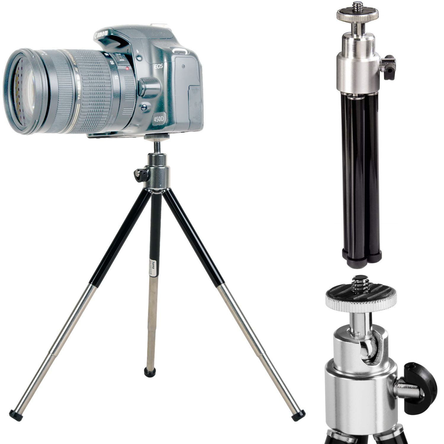 Hama Mini-Stativ Ball XL Tripod 14-26cm Schwarz/Silber Kamerastativ (Dreibein Kugelkopf Tischstativ für Foto Kamera 3D 1/4" Zoll Gewinde)