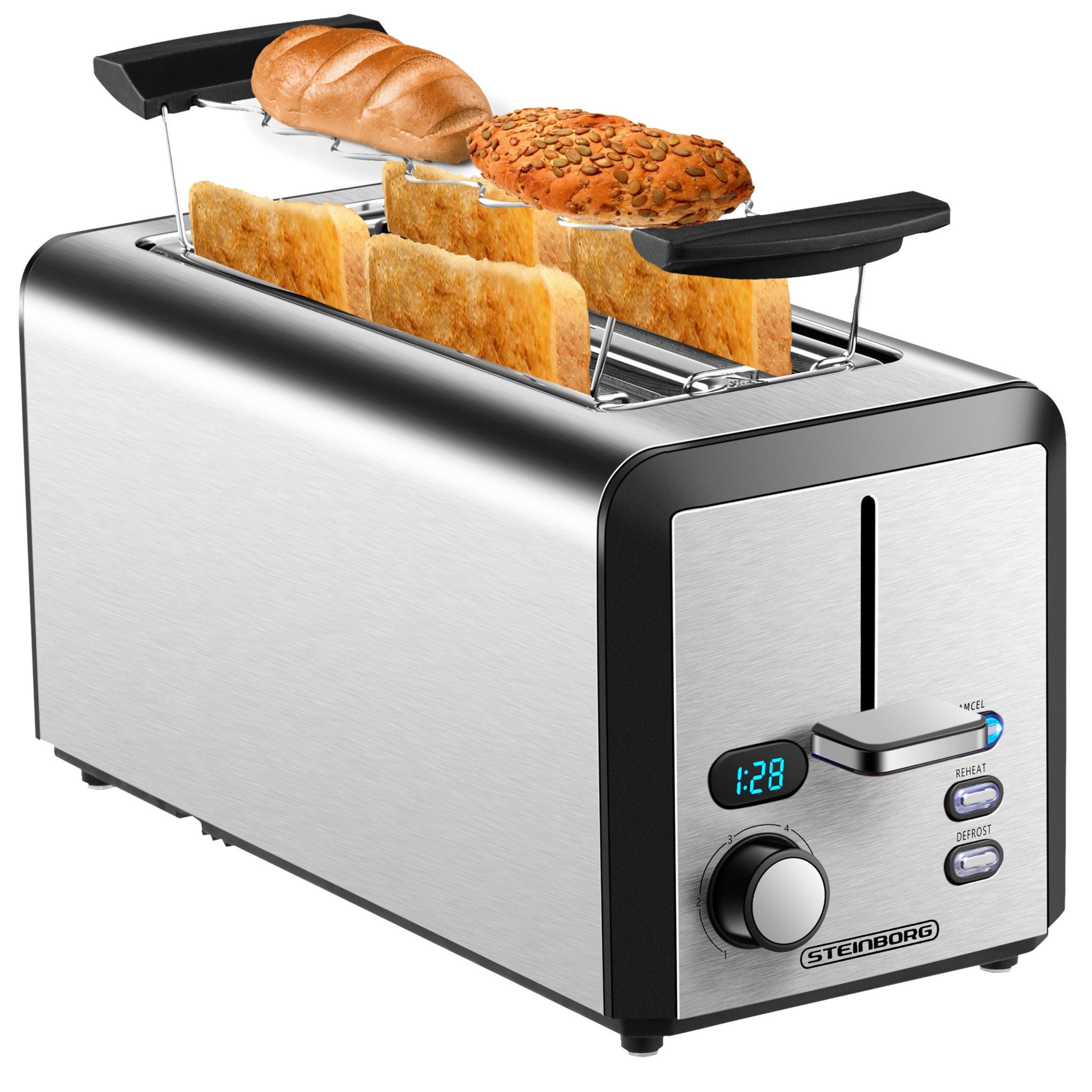 STEINBORG Toaster SB-2211, 2 lange Schlitze, für 4 Scheiben, 1500 W, Edelstahl Gehäuse,Brötchenaufsatz,Krümelschublade,LED Display