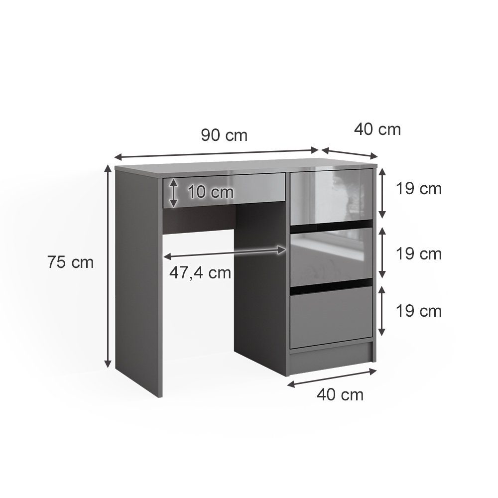 Vicco Schminktisch Sherry, Grau Hochglanz, 90 cm mit 4 Schubladen (1-St)