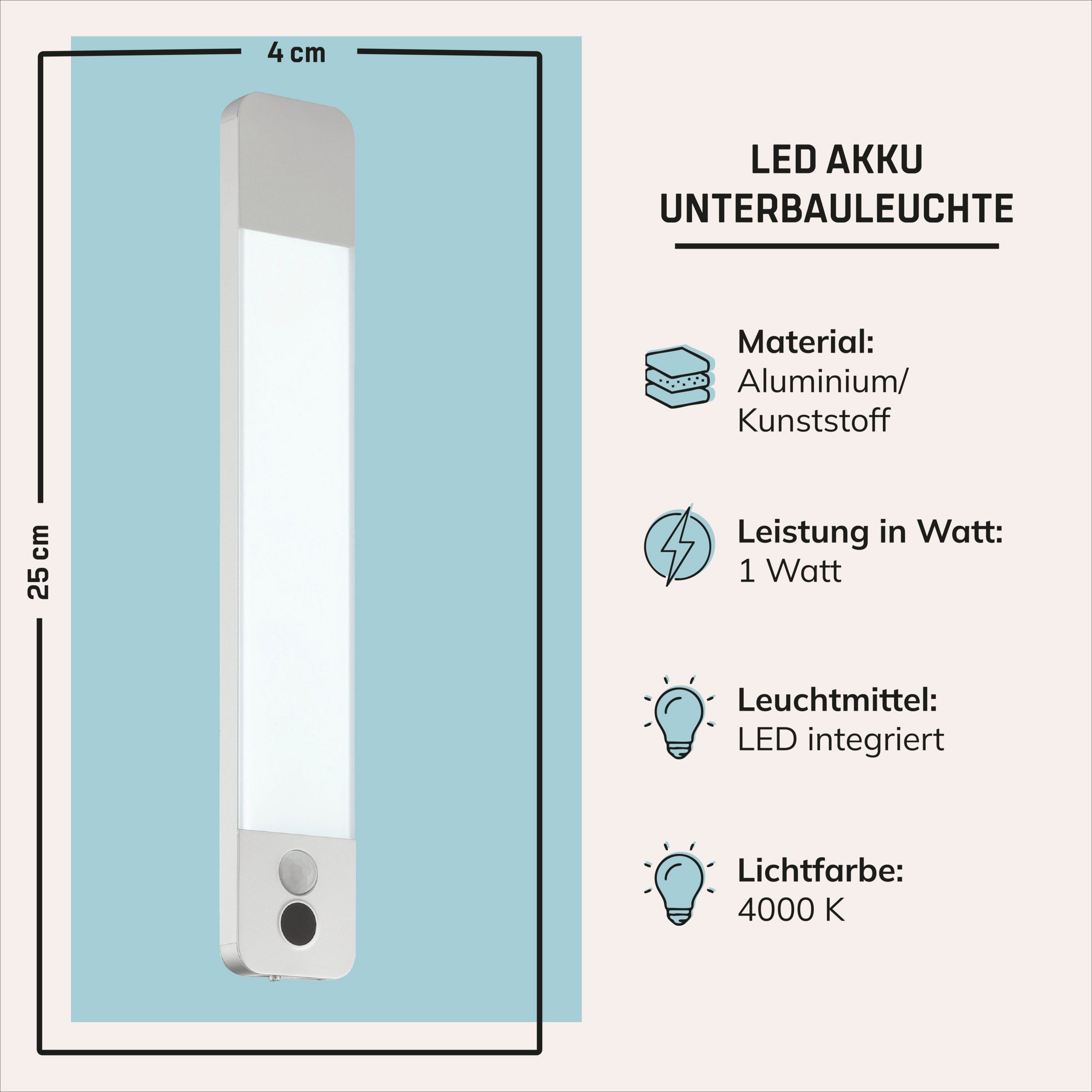 Lightbox Unterschrankleuchte, Bewegungsmelder, LED fest integriert, Neutralweiß, LED-Unterbauleuchte mit Akku, Bewegungsmelder, 25 cm, 150 lm, 4000 K