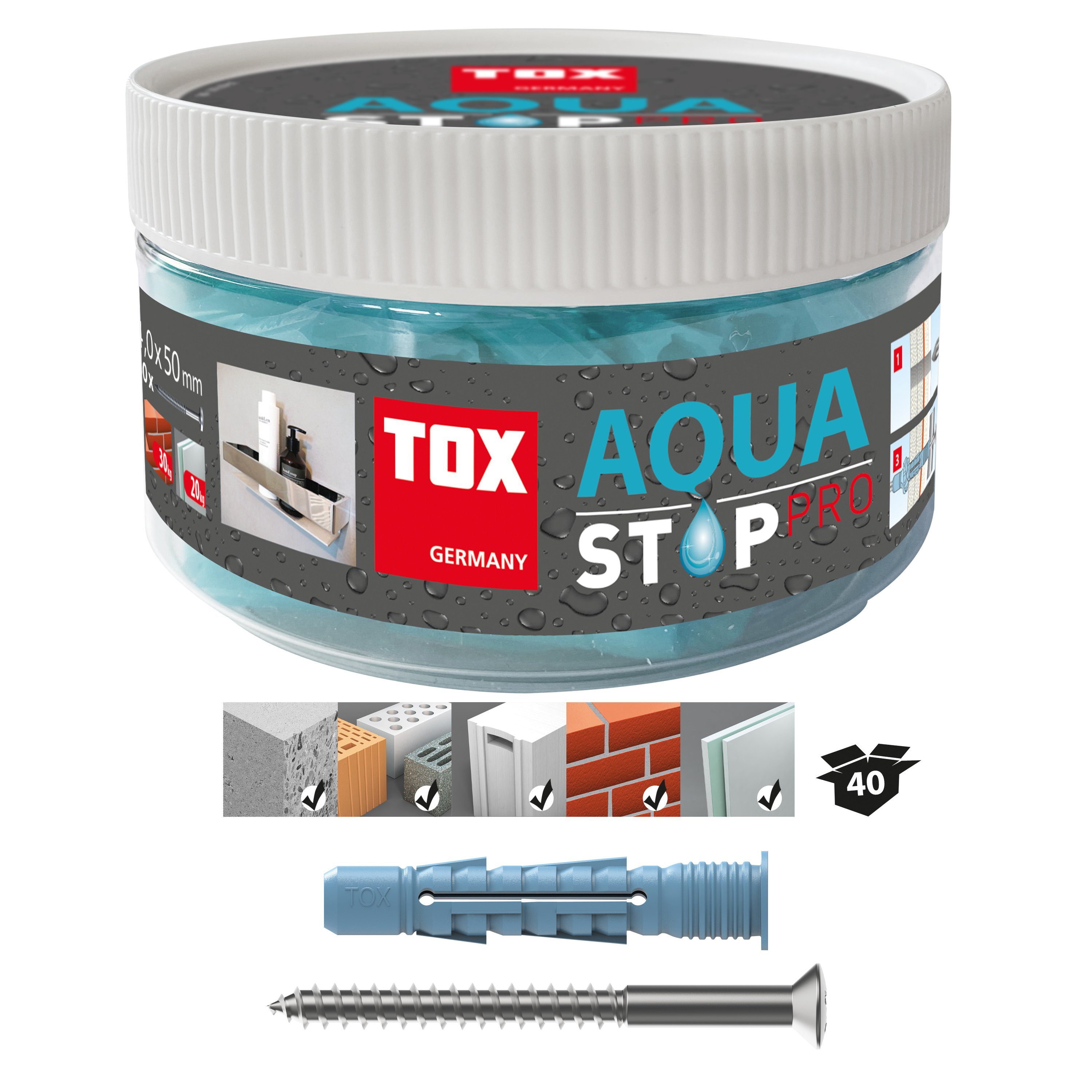 Schrauben- und Dübel-Set AQUA STOP Pro, Allzweckdübel mit Schraube für Dusche u. Bad