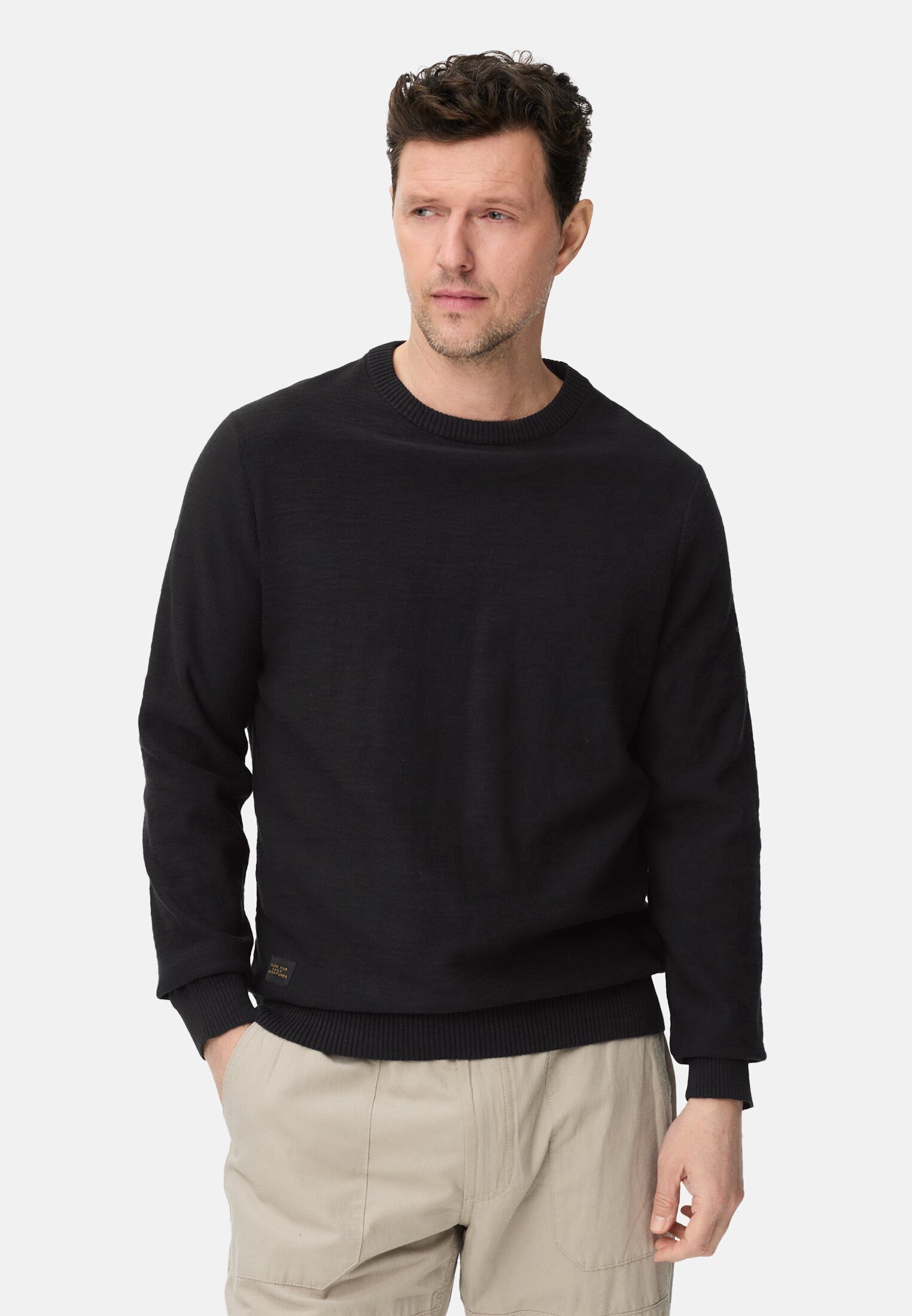 camel active Strickpullover aus reiner Baumwolle Langarm Markenlogo
