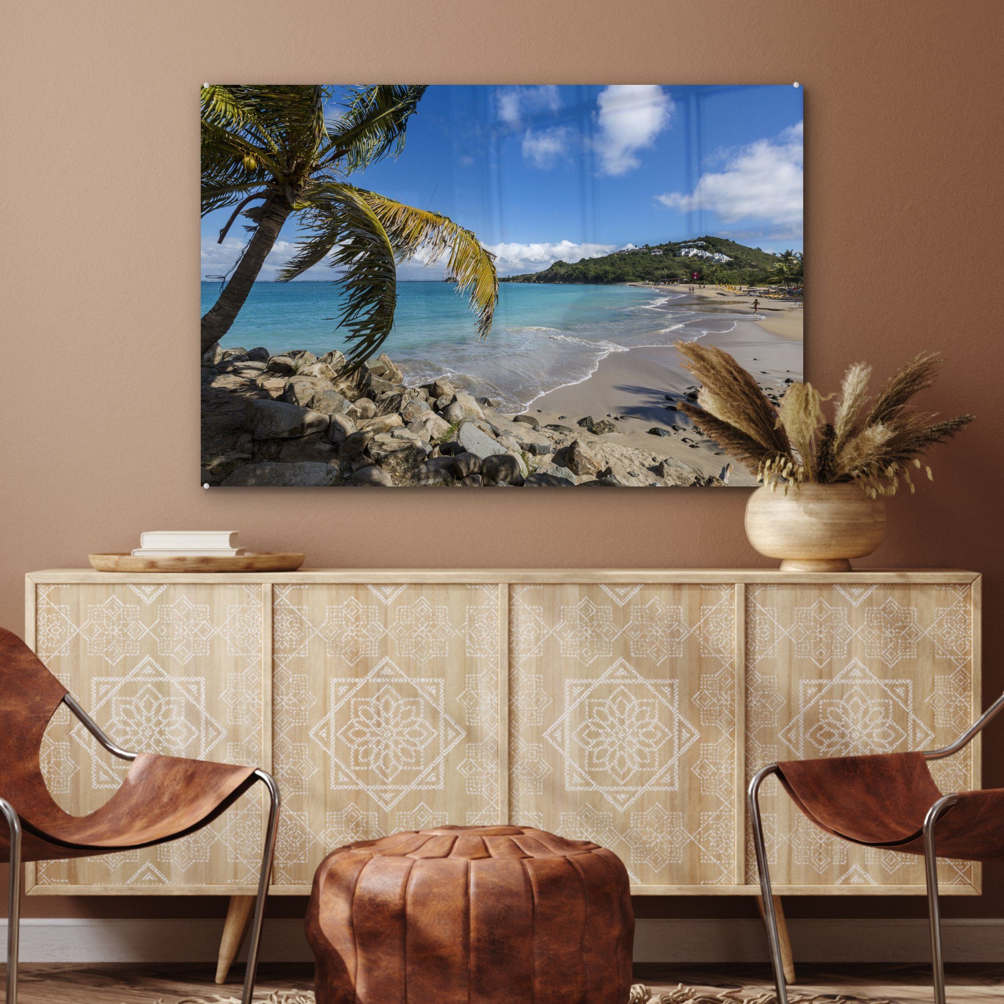 MuchoWow Acrylglasbild Palme einer Strand Sint auf Schlafzimmer Ein Maarten, tropischer mit St), Acrylglasbilder (1 Wohnzimmer &