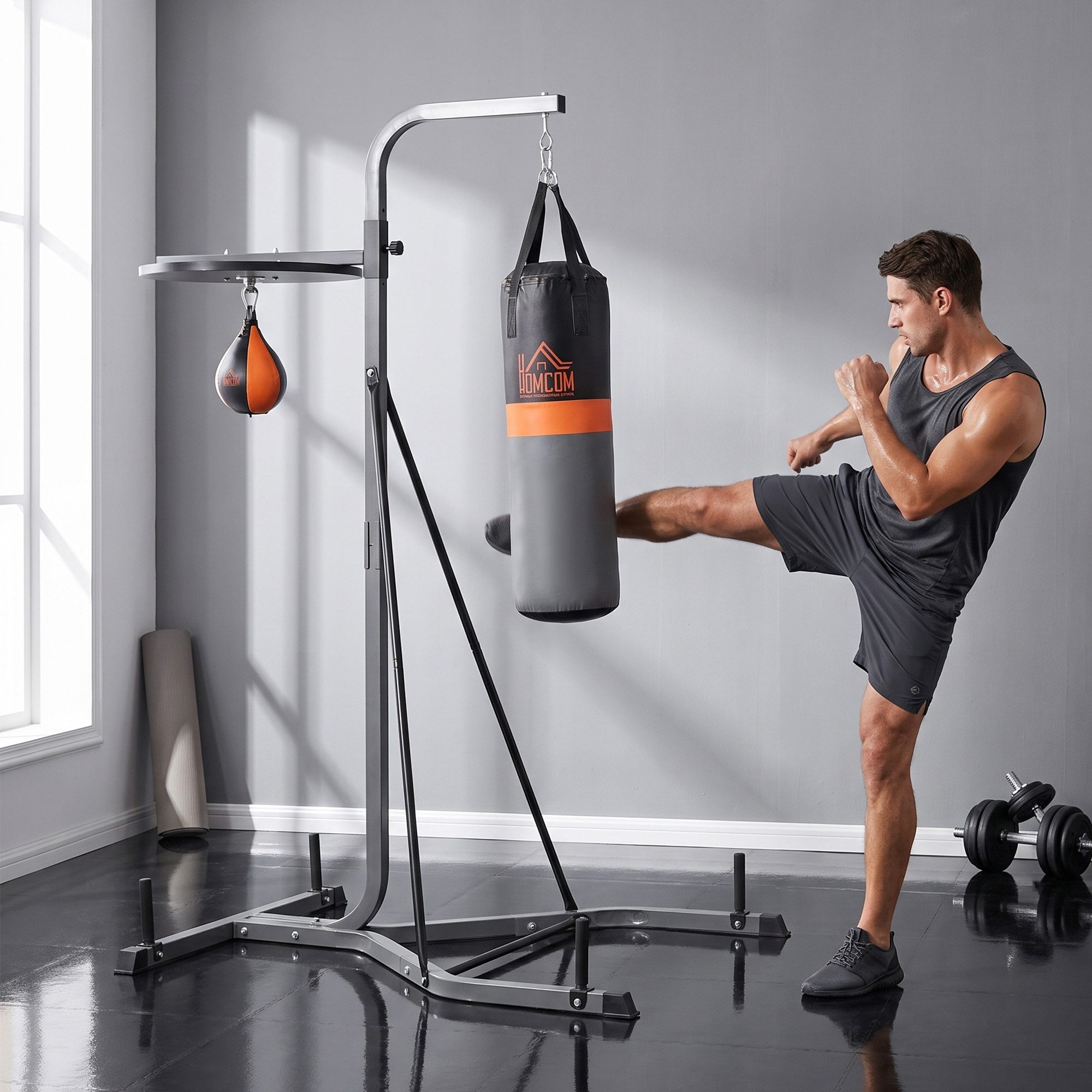 HOMCOM Boxsackhalterung 2-in-1 Boxsackständer, drehbar, aus Stahl, Boxsackhalter, (bis 87 Zoll, Punchingball Stand, 1-tlg., Boxsackhalterung, bis 100 kg Tragkraft Höhenverstellbar)