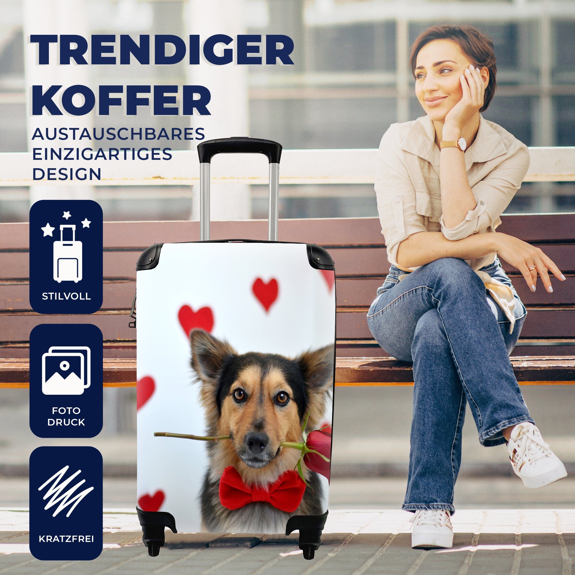 Reisekoffer - MuchoWow Rosen Trolley, 4 für Reisetasche Rot, Handgepäckkoffer mit Handgepäck Rollen, Hund rollen, Ferien, -