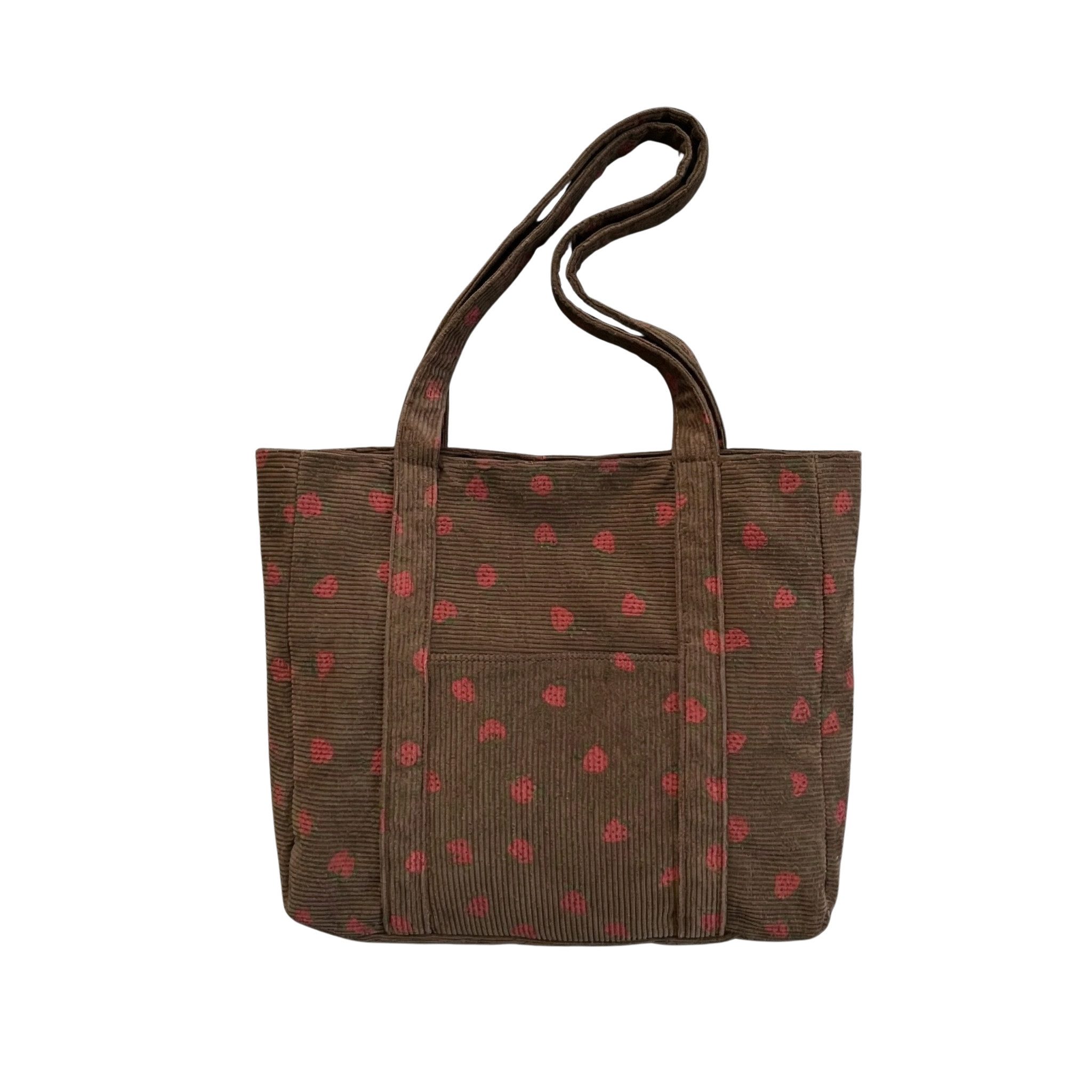 NEXORA Umhängetasche Cord Schultertasche Damen mit Erdbeer-Print Shopper mit Reißverschluss, Schultertasche, Cordtasche, Shopper, Reißverschluss