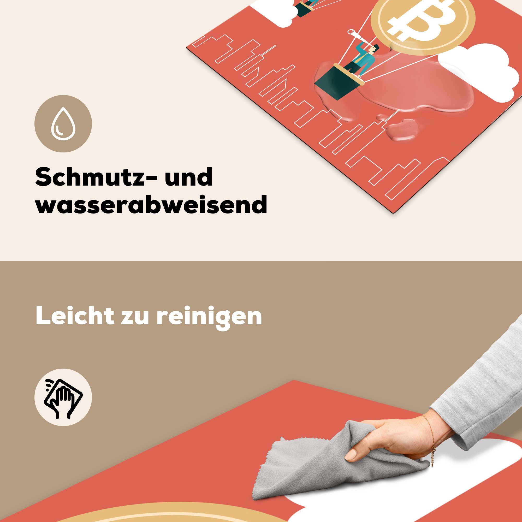 tlg), 59x52 im küche, cm, Bitcoin-Heißluftballon, Geschäftsfrau Ceranfeldabdeckung Vinyl, Geschäftsmann für und Herdblende-/Abdeckplatte die Induktionsmatte (1 MuchoWow