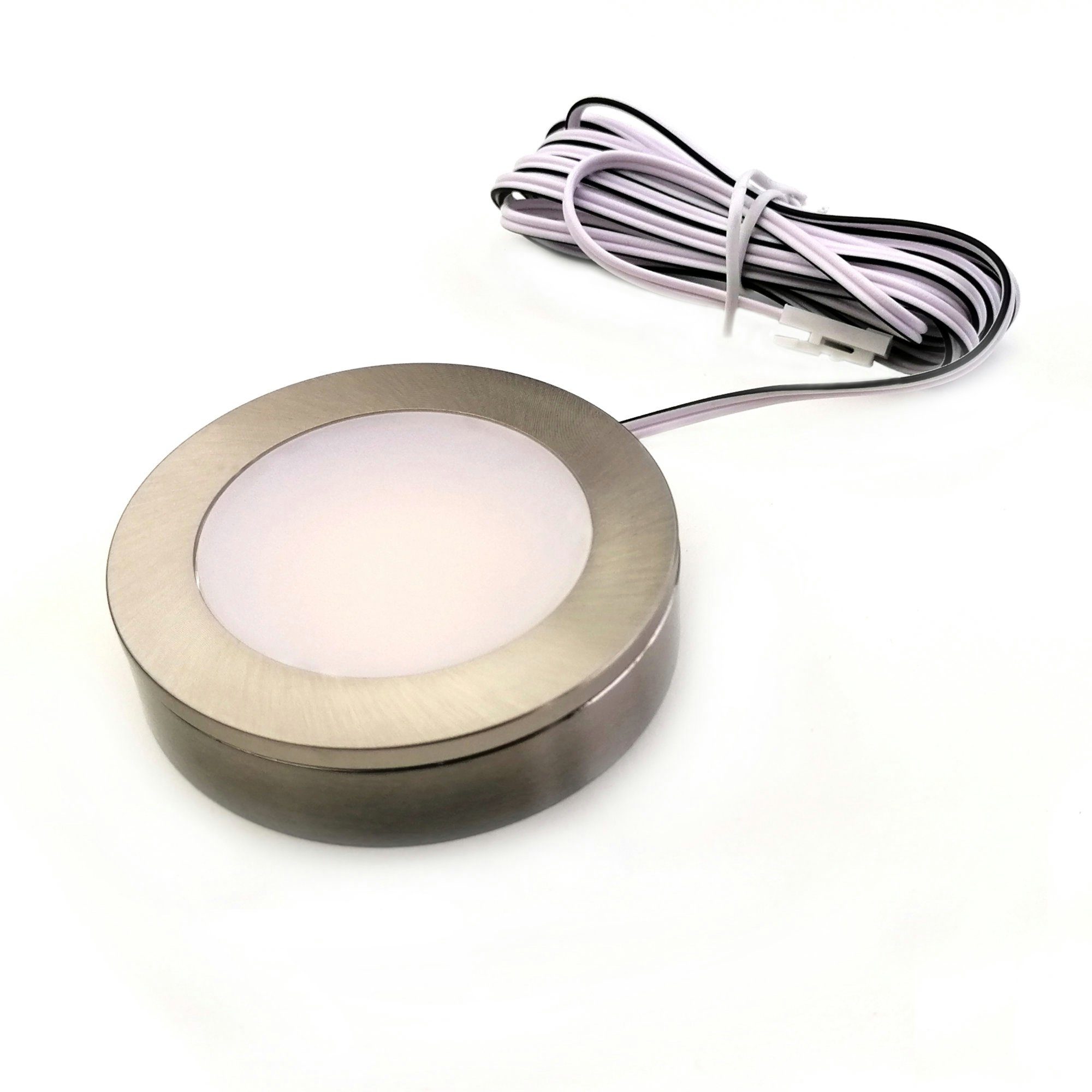 LED 3er Einbauspot kalb warmweiß gebürstet, LED Möbel Aufsatzring,Edelstahl inkl. Set Unterbauleuchte für