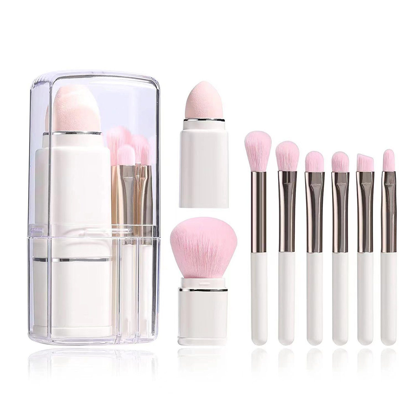 Rutaqian Augen-Make-Up-Set 8 In 1 Einziehbares Make-Up-Pinsel-Set Tragbar Mini Gesichts Pinsel, Lippenpinsel, Highlight/Lidschattenpinsel,Foundation-Mischpinsel, multifunktionale Kosmetikpinsel mit tragbarem Etui Weiß | Augen-Make-Up