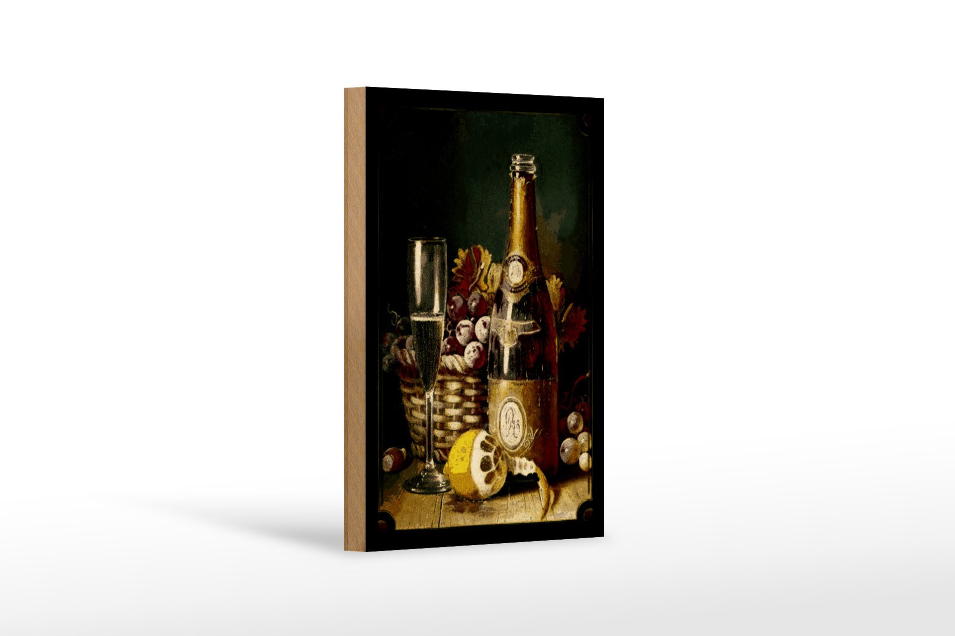 Holzbild Kunst 12x18 cm Stillleben Sekt Obstkorb Zitrone