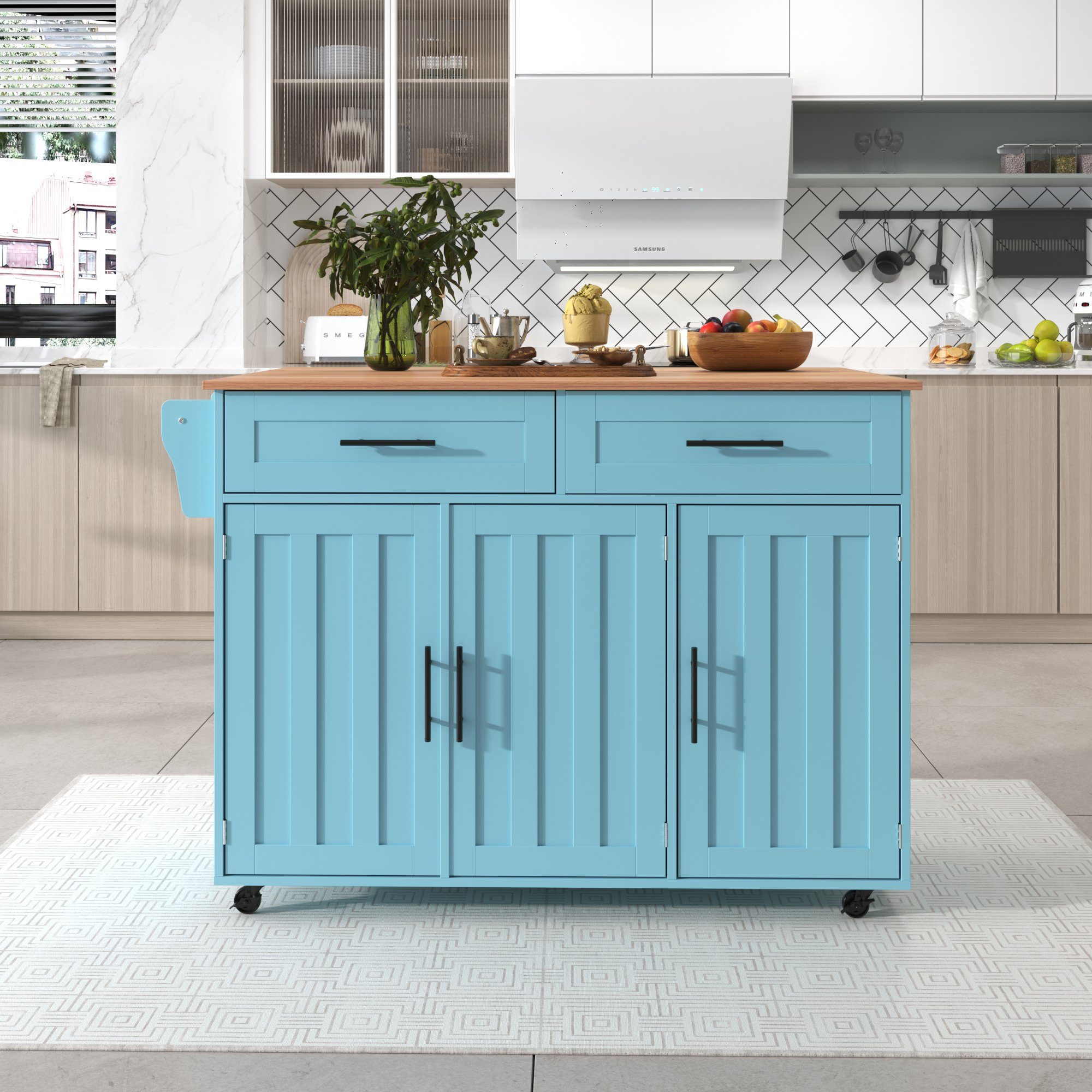 GLIESE Küchenbuffet Anrichte mit Blau Esstischwagen / Klapptischplatte