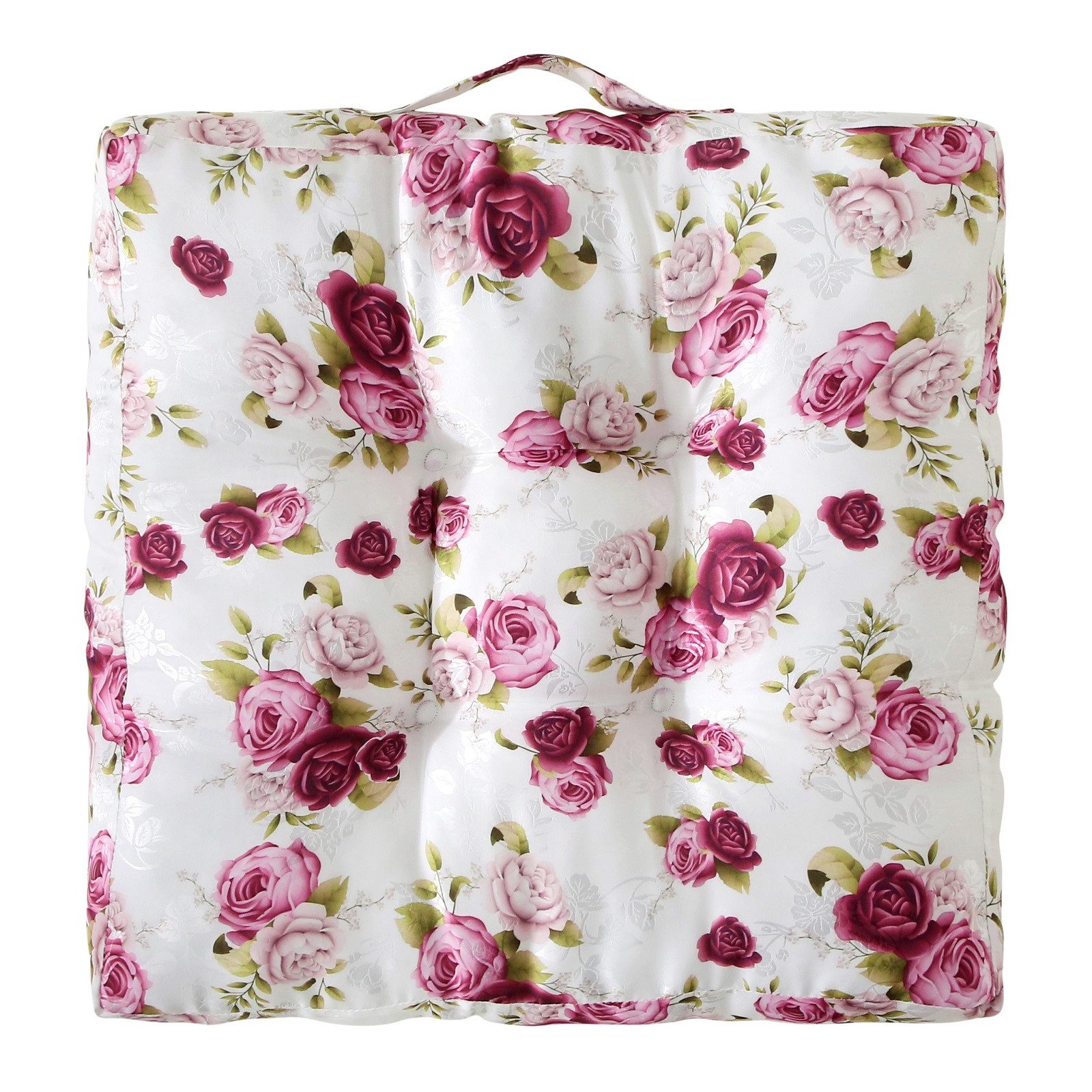 wometo Stuhlkissen Matratzenkissen Rosi 40x40 8cm dicke Polsterung, OEKO-TEX® Bodenkissen mit Rosen-Motiv und Tragegriff, Landhaus-Stil