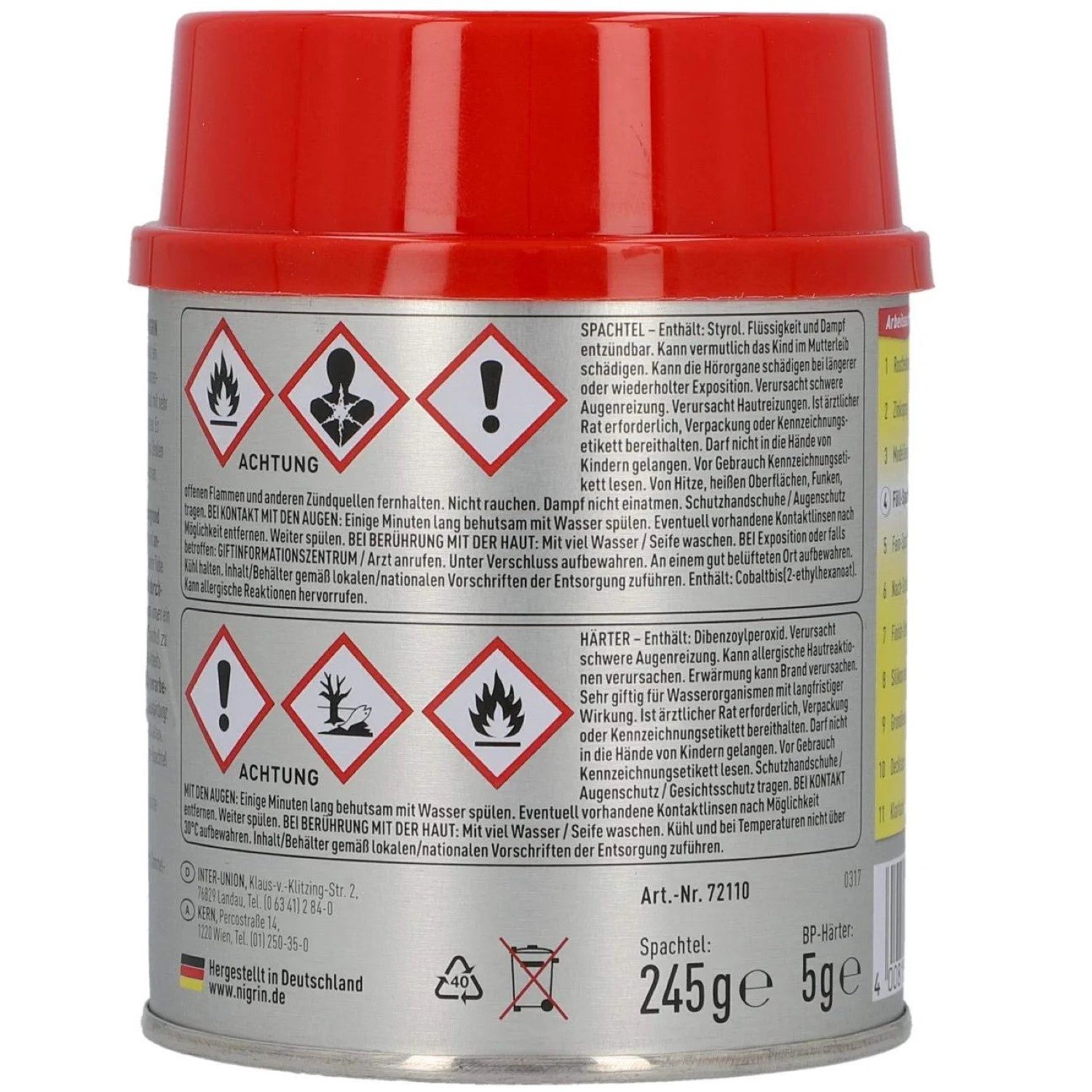 NIGRIN Spachtelmasse 2K Füll-Spachtel mit Härter 250g für tiefe Dellen, Reparatur-Spachtel Spachtel-Masse Füller Polyesterharz Karosserie