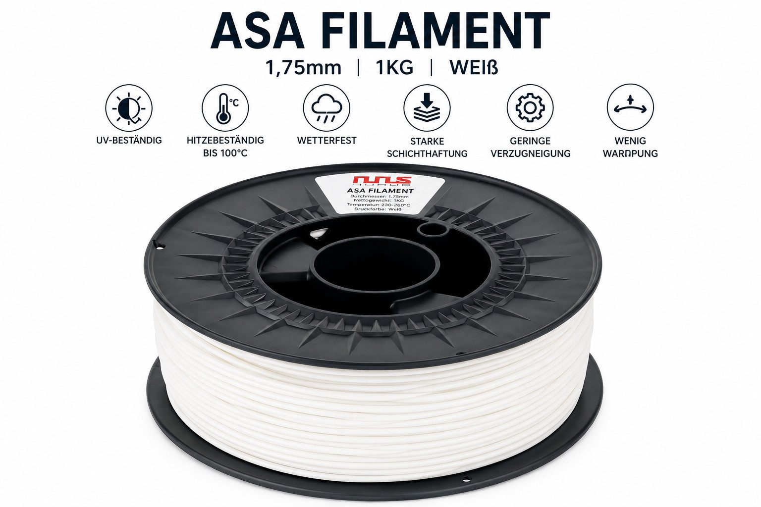 Nunus Filament ASA Filament 1,75mm 1kg Rolle Hitzbeständig und UV Beständig Filament
