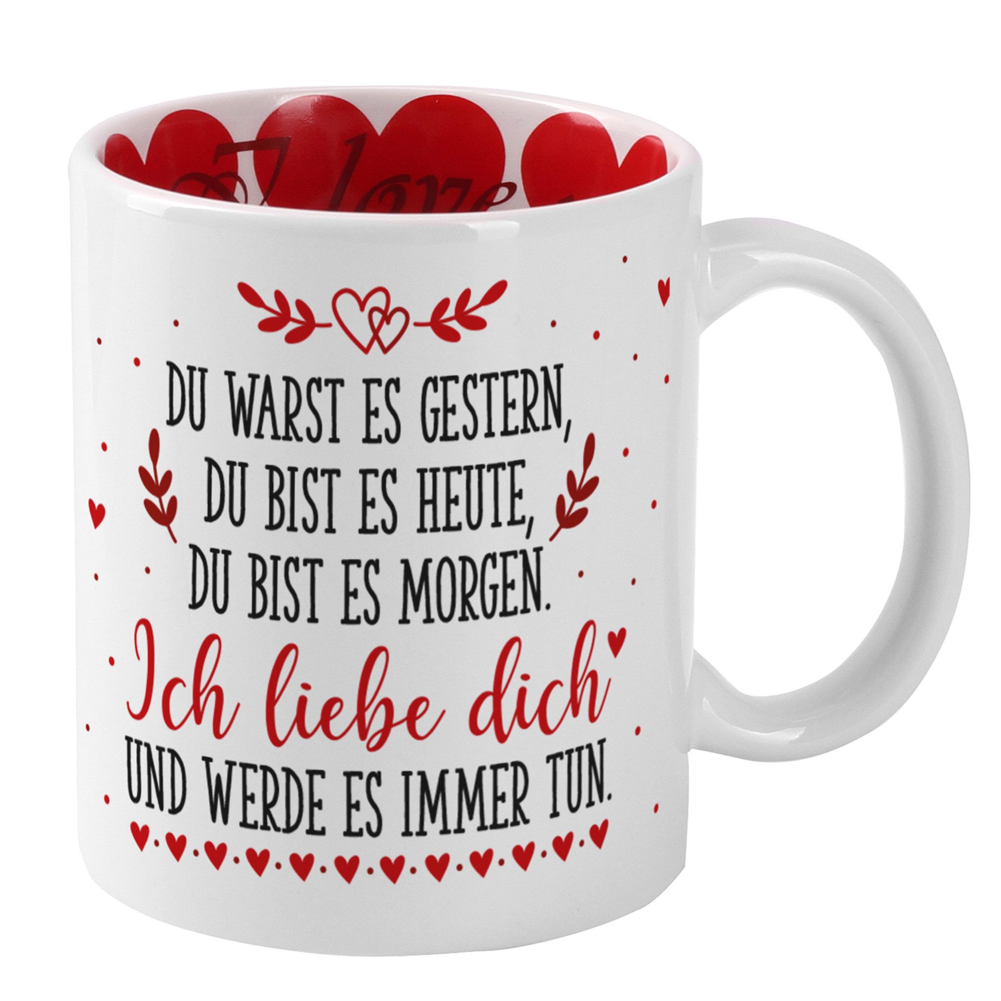 Herz & Heim Tasse mit Liebes-Motiven für Paare & Verliebte als Geschenk zum Valentinstag, innen & außen bedruckt